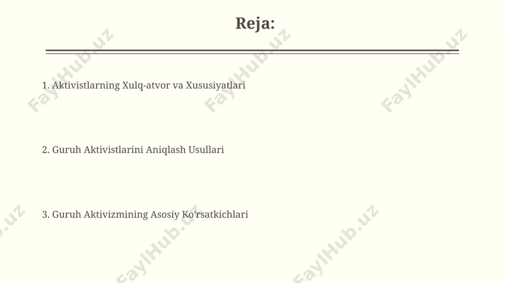 elementlarini o’z ichiga olgan holda, milliy o’zlikni anglash va 7 ta viloyatda qashshoqlikni kamaytirishga qaratilgan edi, ularning qarashlari qisman diniy ta’sirlarga ega edi. guruhning asosiy maqsadi, 2023-yilda samarqand viloyatida 500 dan ortiq a’zo yig’ib, iqtisodiy tengsizlikka qarshi kurashish va ijtimoiy adolatni o’rnatishdan iborat edi, ularning ideologiyasi sotsializm g’oyalariga asoslangan. oldini olish va munosabatlar strategiyasi toshkent shahrida amalga oshirilgan "oldini olish va munosabatlar strategiyasi"ning pilot loyihasi natijalariga ko'ra, jamoat faollarining salbiy harakatlarining soni 25% ga kamaydi. "oldini olish va munosabatlar strategiyasi" samarqand viloyatida 2022-yilda 50 dan ortiq ommaviy noroziliklarning oldini olishga yordam berdi, bu esa jamoat tartibini saqlashga sezilarli hissa qo'shdi. aktivistlarning xulq-atvor belgilari toshkentdagi nodavlat tashkilotlar bilan hamkorlik qiluvchi aktivistlarning 30%i huquqiy masalalar, xususan, 10 dan ortiq ommaviy aksiyalarni uyushtirish bilan bogʻliq boʻlgan qonun buzilishlari bilan duch kelishadi. qoraqalpogʻiston singari mintaqalarda ekologik faoliyat bilan shugʻullanuvchi aktivistlarning 70% dan ortigʻi muntazam ravishda mahalliy hokimiyat vakillari bilan uchrashuvlar oʻtkazish orqali muammolarni hal …