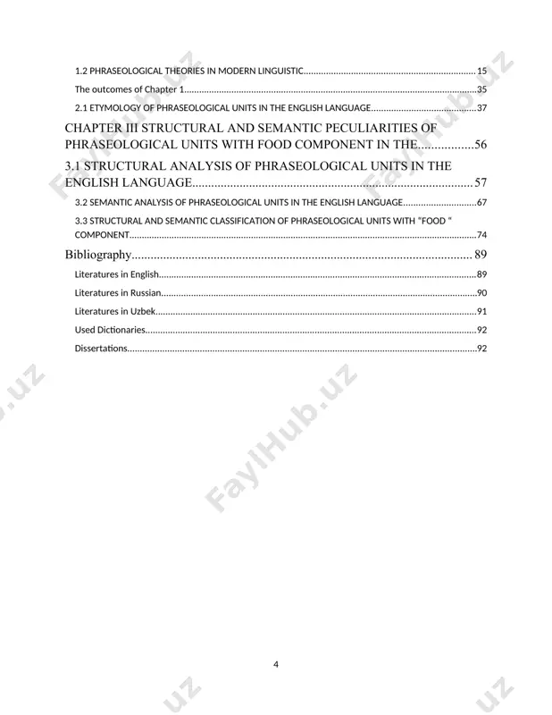 uzbekistan i.a.karimov’s report at the oliy majlis session of the first convocation/ 2012] while linguistics is a very wide field that spans the humanities, social sciences, and applied sciences, and it studies all around people’s lives. however not all aspects of this field has been observed and studied, some terms and units need some more researches. for example, it is not clearly highlighted in the field of lexemes and phraseological units with food components from the point of extra linguistics and sociolinguistics. the figurative meanings of phraseological units with food component are seen in all contexts of different languages, but it is somehow hard to find out enough information on this field with comparison of languages in the same families or different ones. the topicality of the research work is to study structural and semantic peculiarities of phraseological units in the english language . in the research phraseological units with …