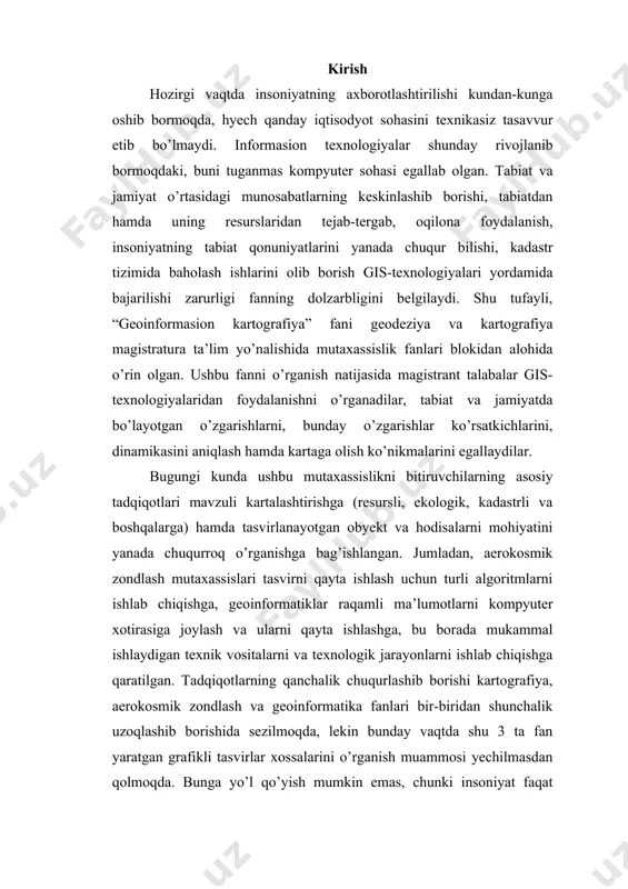 rini o’rganish muammosi yechilmasdan qolmoqda. bunga yo’l qo’yish mumkin emas, chunki insoniyat faqat grafikli obrazlar tasvirlaridan atrof-muhitni o’rganishi, ma’lumotlar olishi, ijod qilishi va tafakkur vositasi sifatida foydalanishi mumkin. geoinformatika yangi yo’nalish sifatida kompyuter texnikasi va gis-texnologiyalari asosida kundan-kunga rivojlanib bormoqda, buning natijasida yangicha qarashlar, guruhlashlar, izohlashlar, o’lchash metodlari va boshqalarning kelib chiqishi tabiiy holdir. geoinformatikaning jadal taraqqiy etishi, fikrimizcha, aerokosmik zondlash, telekommunikasion tarmoqlar, yer haqidagi fanlar hamda ularga yaqin bo’lgan sosial-iqtisodiy fanlarning yanada rivojlanishiga turtki bo’ladi. 1 - ma’ruza mavzu: geoinformatika va fazoviy tahlil fanining maqsadi, vazifasi va boshqafanlar bilan aloqasi reja: 1, geoinformatika ning tadqiqot obekti, predmeti va prinsiplari 2, geoinformatika tushunchasi, mazmuni va tasnifi 1.hozirgi paytda inson faoliyatining, ya’ni maktab ta’limidan boshlab to yuqori davlat siyosatigacha bo’lgan sohalarda axborotlashtirish kirmagan jamiyat hayotini tasavvur etish qiyin. informatika barcha fanlarning orqasida nafas olib, ularga yetib oldi va xatto ularni o’z domiga yutib, cheksiz kompyuterlashni takomillashtirishga intilmoqda. yer haqidagi fanlarga informasion …