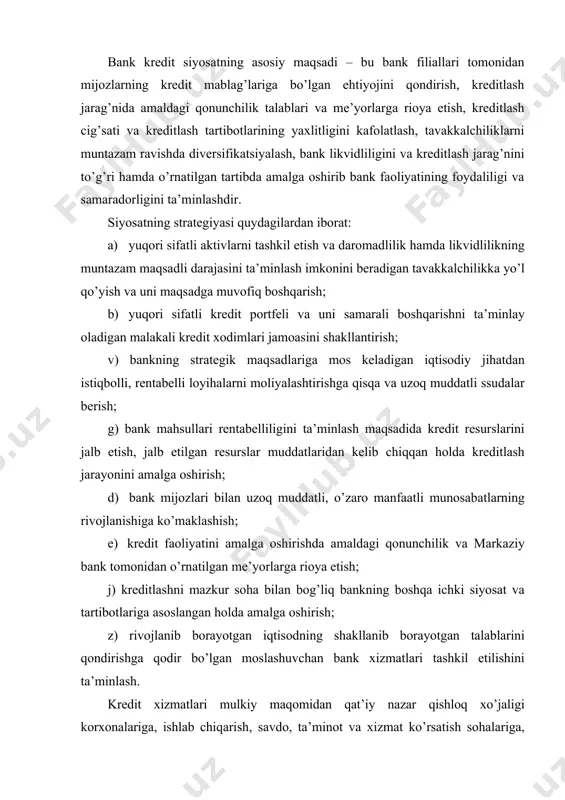 ga asoslangan holda amalga oshirish; z) rivojlanib borayotgan iqtisodning shakllanib borayotgan talablarini qondirishga qodir bo’lgan moslashuvchan bank xizmatlari tashkil etilishini ta’minlash. kredit xizmatlari mulkiy maqomidan qat’iy nazar qishloq xo’jaligi korxonalariga, ishlab chiqarish, savdo, ta’minot va xizmat ko’rsatish sohalariga, fuqarolik hamda boshqa qurilishlar, eksport va import operatsiyalarini amalga oshirishga hamda yakka tartibdagi tadbirkor, kichik biznes sub’ektlari, dehqon va fermer xo’jaliklariga taqdim etilishi mumkin. 2005 yilning 1 yanvaridan keyin berilgan ssudalar bo’yicha foizlar yillik 365 kun hisobidan hisoblanadi. 2005 yilning 1 yanvarigacha berilgan ssudalar bo’yicha shartnoma muddati tugaguncha (so’ndirilguncha) foizlar yillik 360 kun hisobidan hisoblanadi. kredit ajratish va so’ndirilishi ustidan monitoring jarayoni markaziy bankning kreditlashga oid me’yoriy xujjatlari hamda banklarning ichki kredit tartibotlariga asosan amalga oshiriladi. bank kredit portfelining diversifikatsiyasi ko’p hollarda bozor kon’yunkturasi bilan belgilanadi (demografik omillar, mintaqadagi aholining ma’lumot darajasi, texnologik va boshqa omillar). kengash tavakkalchilikni maqbul darajada diversifikatsiya qilish va maksimal darajada foyda olishga intilib, bank rahbariyatiga ushbu maqsadlarga …