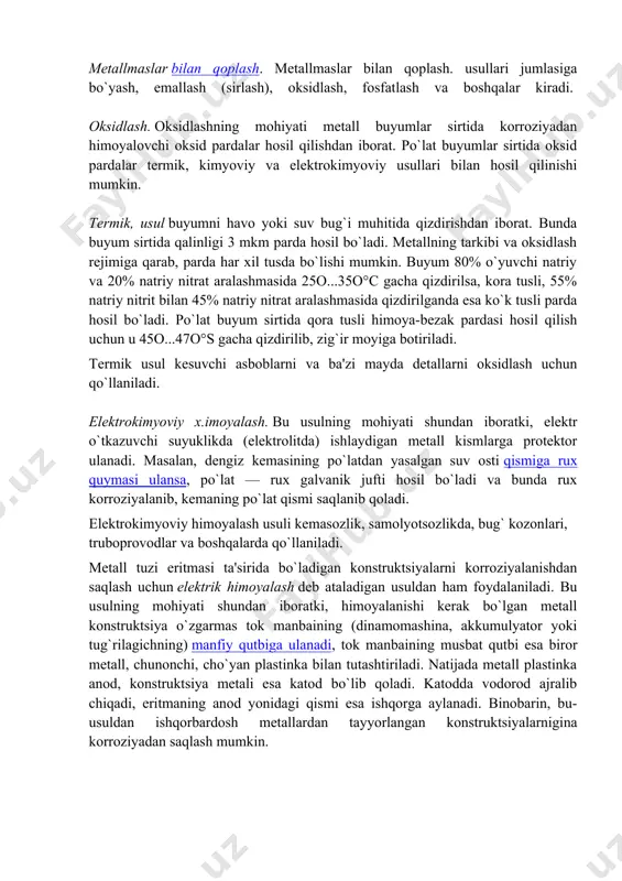 //hozir.org/aim-uz-badiiy-uslub.html"faqathyperlink "http://hozir.org/aim-uz-badiiy-uslub.html" hyperlink "http://hozir.org/aim-uz-badiiy-uslub.html"shundaki, qo`rg`oshin bilan qoplashda 85% r va 15% sn dan iborat suyuqlanma ishlatiladi va uning temperaturasi 340—350°с qilib turiladi. qo`rg`oshin bilan qoplash usuli metall buyumlarni ba'zi kislota va eritmalarga chidamli qilish uchun qo`llaniladi. suyuqlantirilgan korroziyabardosh metallga botirish usulining afzalligi shundaki, bu usul ancha oddiy bo`lib, qoplam puxta chiqadi, kamchiligi; qoplam qalinligi bir tekis bo`lmaydi va qoplash metalli ko`p sarflanadi. galvanik usul. bu usulning mohiyati metall buyumga korroziyabardosh metallni elektr toki vositasida qoplashdan iborat. buning uchun elektrolitik vannaga korroziyabardosh metall tuzining suvdagi eritmasi (elektrolit) solinadi, elektrolitga esa sirti qoplanishi kerak bo`lgan buyum bilan korroziyabardosh metall plastinkasi tushiriladi. buyum o`zgarmas tok manbaining manfiy qutbiga, plastinka — musbat qutbiga ulanadi. binobarin, buyum katod, plastinka esa anod bo`ladi. zanjirdan tok o`tkazilganda elektroximiyaviy protsess sodir bo`ladi, ya'ni anod (korroziyabardosh metall plastinkasi) zarrachalari elektrolit orqali o`tib, katod (buyum) sirtiga o`tiradi, natijada buyum korroziyabardosh metall bilan qoplanadi. qoplam qalinligi tok kuchiga va tok o`tish …