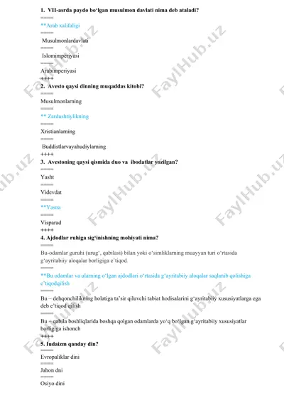 religious studies quiz — DOC