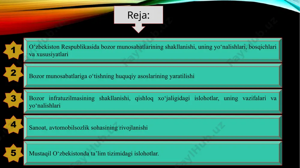 spublika hududida yagona, cheklanmagan va qonuniy to‘lov vositasi sifatida milliy valuta – so‘m muomalaga chiqarilgan zamonaviy transport-kommunikatsiya tizimining shakllanishi. 17.09.2025 12 o‘zbekistonning yagona temir yo‘l tarmog‘ini vujudga keltirish bo‘yicha 1994–2001-yillarda uzunligi 700 kilometrga yaqin navoiy– uchquduq–nukus temir yo‘li qurib bitkazildi. 17.09.2025 13 “o‘zbekiston havo yo‘llari” belgisi bilan parvoz qilayotgan samolyotlar turli davlatlarda joylashgan 40 dan ziyod aeroportga muntazam qatnay boshladi. 2016-yil iyunda angren–pop temir yo‘li va qamchiq tunneli ochildi. 17.09.2025 14 qamchiq tunneli toshkent– samarqand yo‘nalishi bo‘ylab tezyurar yo‘lovchi tashishni tashkil qildi. yangi tezyurar poyezd nomi afrosiyob bu – samarqand viloyatida joylashgan qadimiy shahar sharafiga qo‘yildi. 17.09.2025 15 afrosiyob tezyurar poyezd 2017-yilda islom karimov nomi berilgan toshkent xalqaro aeroporti markaziy osiyodagi yirik xalqaro aeroportlardan biri hisoblanadi. 17.09.2025 16 buxoro, samarqand va urganch aeroportlari xalqaro aeroport maqomini oldi. milliy avtomobilsozlik sanoatiga asos solinishi. 17.09.2025 17 1992-yil avgustda toshkentda janubiy koreyaning “daewoo motors” korporatsiyasi va o‘zbekistonning “avtoqishxo‘jmash” davlat konserni o‘rtasida andijon viloyatining …