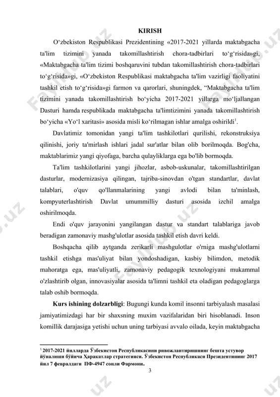 ik bo’lib, insonning komillik darajasi talabiga yetishi uchun sifatli ta‘lim, ya‘ni shaxsni har tomonlama shakllantiruvchi, rivojlantiruvchi pedagogik texnologiyalarga asoslangan ta‘lim bilan uzviy bog’lash zarur. darhaqiqat, shaxsni tarbiyalash ishi nihoyatda murakkab va qiyin faoliyat jarayoni bo’lib, juda qadimdan ushbu faoliyatga jamiyatning yetuk kishilari jalb etilgandir. xususan, qadimgi gretsiya va rim tarixidan yaxshi bilamizki, eramizdan avvalgi davrlarda ham yosh avlod tarbiyasi o’zining ma‘naviy qiyofasi va aqliy qobiliyati bilan jamiyat a‘zolari o’rtasida yuksak hurmat ehtiromga sazovor bo’lgan kishilarga, donishmandlar zimmasiga ishonib topshirilgandir. ushbu holat yosh avlod tarbiyasi, uning tashkil etilishi mazmuni nafaqat shaxs kamolotini, balki jamiyat taraqqiyotini ta‘minlashda muhim ahamiyatga ega ekanligini anglatadi. “tarbiyachilarning o’ziga zamonaviy bilim berish, ularning ma‘lumotini, malakasini oshirish kabi paysalga solib bo’lmaydigan dolzarb masalaga duch kelmoqdamiz. o’qituvchi bolalarimizga zamonaviy bilim bersin deb talab qilamiz. ammo zamonaviy bilim berish uchun, avvalo murabbiyning o’zi ana shunday bilimga ega bo’lishi kerak”. “...hayotimizni hal etuvchi muhim masalalar qatorida ta'lim-tarbiya tizimini tubdan o'zgartirish, uni …
