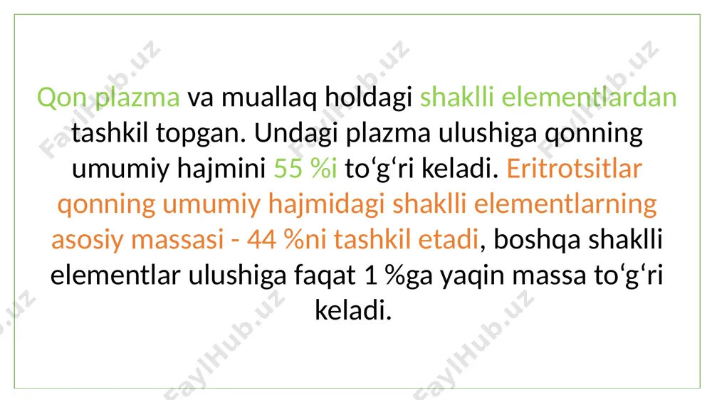 poproteinemiya deb nomlanadi. giperproteinemiya degidratatsiyalarda (nisbiy), jarohatlarda, kuyishda, mieloma kasalligida (absolyut) yuzaga keladi. gipoproteinemiya tanadagi shishlar qaytganda (nisbiy), ochlikda, jigar patologiyalarida, buyrak kasalliklarida, qon yo‘qotishda (absolyut) yuzaga keladi. disprotenemiya - qon plazmasida umumiy oqsillarning meʼyordagi miqdori fonida oqsil fraksiyalarining foiz nisbatini o‘zgarishi, masalan, albuminlar miqdorini pasayishi va turli yallig‘lanish kasalliklarida bir yoki bir necha globulin fraksiyalari miqdorini ortishi. paraproteinemiya - qon plazmasida patologik immunoglobulinlar - paraproteinlarning paydo bo‘lishi. bunday oqsillarga krioglobulinlar, α-fetoglobulin, karsinoembrional antigen kiradi. albumin oqsili. tashuvchilik. albumin erkin yog‘ kislotalari, o‘t kislotalari, konyugirlanmagan bilirubin, ca2+, cu2+, triptofan, gormonlar (tiroksin va triyodtironin, aldosteron, progesteron, gidrokortizon), vitaminlarni tashiydi. ko‘plab dori vositalari (digoksin, barbituratlar, penitsillin, atsetilisalitsil kislota, yurak glikozidlari, dikumarol, sulfanilamidlar) qonda albumin bilan bog‘lanadi. bu holatni gipoalbuminemiya bilan kuzatiluvchi kasalliklarni davolashda hisobga olish zarur, chunki bunday holatlarda qon tarkibida dori vositasining erkin konsentratsiyasi ortib ketadi. — kolloid-osmoik bosimni ushlab turish. nisbatan uncha katta bo‘lmagan molekulyar og‘irligi hamda yuqori konsentratsiyasi sababli …