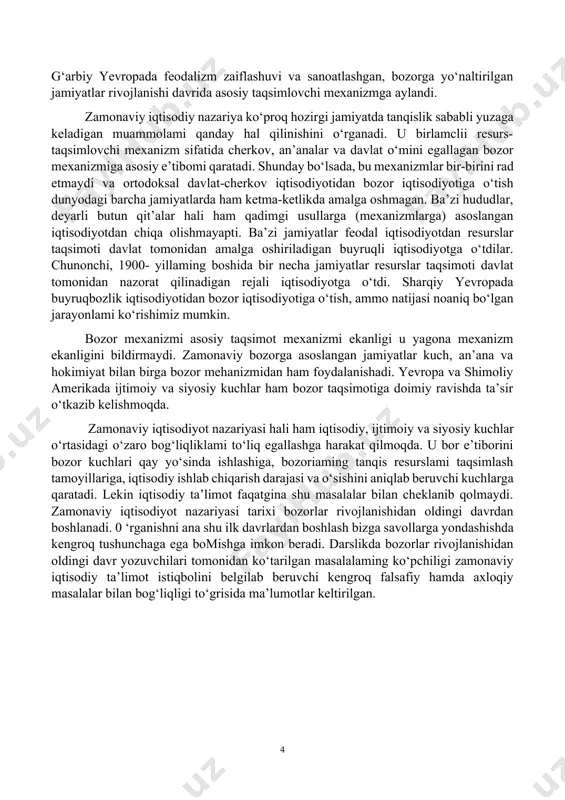 na shu ilk davrlardan boshlash bizga savollarga yondashishda kengroq tushunchaga ega bomishga imkon beradi. darslikda bozorlar rivojlanishidan oldingi davr yozuvchilari tomonidan ko‘tarilgan masalalaming ko‘pchiligi zamonaviy iqtisodiy ta’limot istiqbolini belgilab beruvchi kengroq falsafiy hamda axloqiy masalalar bilan bog‘liqligi to‘grisida ma’lumotlar keltirilgan. 1-mavzu: kirish. "iqtisodiy ta'limotlar tarixi" kursining predmeti va uslubi reja: 1. iqtisodiy fikr, g’oya, qarash va ta’limotlarning paydo bo’lishi 2. iqtisodiy ta’limotlar tarixini o’rganishda davrlash tizimi 3. iqtisodiy fikrning tarixiy evolyutsiyasi kalit so’zlar: iqtisodiy g‘oya, qarash, nazariya, qonun, konsepsiya, ta’limot; fan predmeti; uslubi (metodi); manbalar; ilmiy davrlash; merkantilizm; klassik maktab; sotsialistik yo‘nalish; marjinalizm; o‘tish davri iqtisodiyoti. 1. iqtisodiy fikr, g’oya, qarash va ta’limotlarning paydo bo’lishi «tarixiy xotirasiz kelajak yo‘q» degan edi o‘zbekiston respublikasi birinchi prezidenti i.a.karimov. har qanday tarixni o‘rganish avvalo hozirgi kun va kelajak uchun ahamiyatlidir. taniqli yozuvchi va adibimiz abdulla qodiriy aytganidek: «moziyga qarab ish tutish xayrlidir». shu sababli iqtisodiy ta’limotlar tarixini o‘rganish katta nazariy, amaliy va tarbiyaviy …