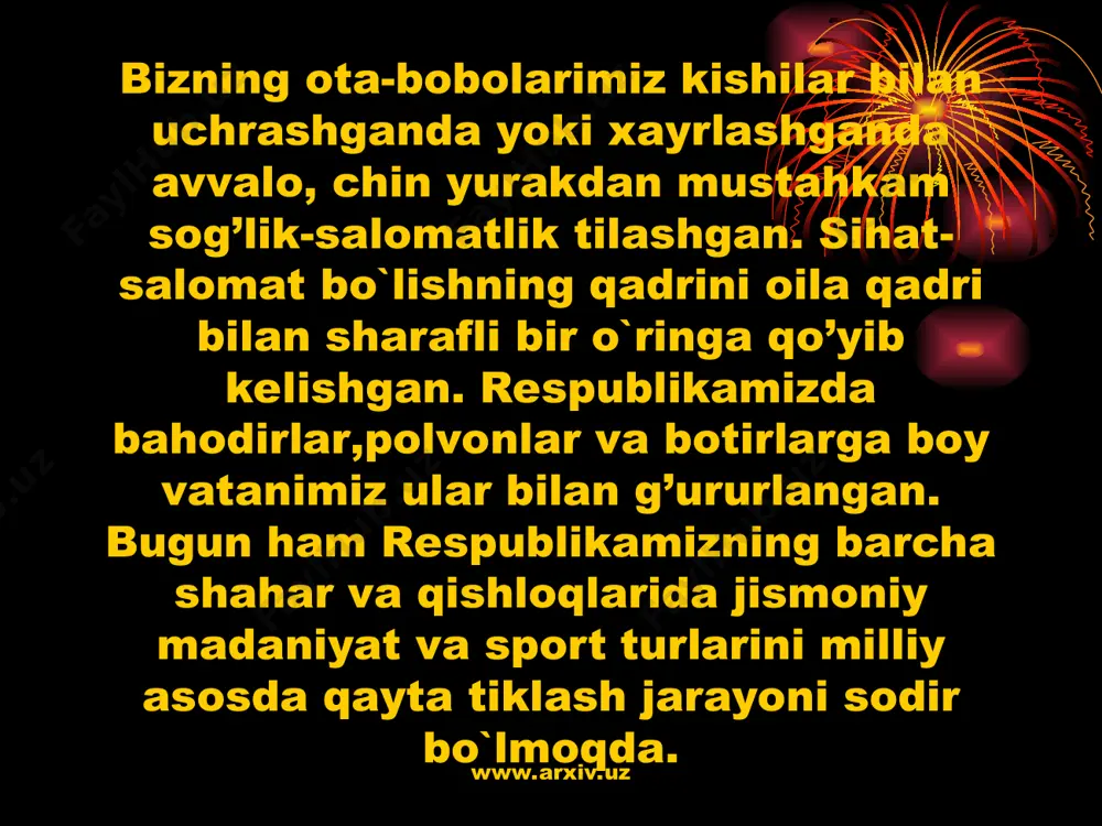 arini maqtaydi. dostonda yozilishicha farhod aqliy tarbiya bilangina cheklanib qolmasdan jismoniy va harbiy mashqlar bilan ham shug’ullanib, chiniqa boshlaydi. suvda suzish, chavondozlik, qilichbozlik va boshqalar uning kundalik mashg’uloti bo`lib qoladi. www.arxiv.uz www.arxiv.uz abdulla avloniyning fikricha, sog’lom fikr yaxshi ahloq, ilm-ma`rifatga ega bo`lish uchun badanni tarbiya qilish zarur. «badanning salomat va quvvatli bo`lmog’i insonga eng kerakli narsadur. chunki o`qimoq, o`qitmoq, o`rganmoq va o`rgatmoq uchun insonga kuchlik, kasalsiz jasad lozimdir. sog’ badanga ega bo`lmagan insonlar amallarida, ishlarida kamchilikka yo`l qo`yurlar....bunday tarbiyaning fikr tarbiyasiga ham yordami bordir. jism ila rux ikkisi bir choponning o`ng ili terisi kabidur. agar jism tozalik ila ziynatlanmasa, yomon xulqlardan saqlanmasa, choponni ustini qo’yib, astarini yuvib ovora bo`lmak kabidurki, har vaqt ustidagi kiri ichiga uradur. fikr tarbiyasi uchun mehnat va sog’lom vujud kerakdur». www.arxiv.uz www.arxiv.uz sport tufayli o`z kuchi va mahoratini quvonch bilan his etish, tabiat bilan muloqotda bo`lish azaldan kishilar dilini xushnud etgan. demak, yuqoridagi misollardan ko`rinib turibdiki, …