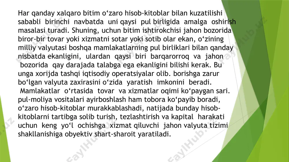 a va olib chiqishga ruxsat beradi. demak, milliy valyuta bahosi oltinga bog‘langan ekan. birinchidan, har bir mamlakat hukumati oltin bilan taʼminlanishi mumkin bo‘lgan miqdorda qog‘oz pullarni chiqarishga harakat qiladi, bu esa ortiqcha pul emissiyasini va u bilan bog‘liq inflyatsiyani to‘xtatib turadi; ikkinchidan, 97 turli milliy valyutalar o‘rtasidagi o‘zaro nisbatlar qayd etilgan, nisbat doimiy bo‘lib, xalqaro hisoblarda barqarorlikni taʼmin masalan, agar 1929 yilda bir funt sterling 7,32 g sof oltinni, aqsh dollari 1,5 g sof oltinni tashkil etgan bo‘lsa, ular o‘rtasidagi o‘zaro nisbat yoki oltin pariteti (tengligi) 1 f. s. = 4,86 aqsh dollari bo‘lgan. xix asr o‘rtalaridan xx asr boshlarigacha oltin standart asosan bir guruh yuqori rivojlangan mamlakatlarni qamrab olgan mukammal pul tizimi hisoblangan. 1913 yilda uch yetakchi davlat- aqsh, buyuk britaniya, fransiya hissasiga jahon oltin - monetar muomalasining 62 foizi yoki 3,5 ming tonna oltin to‘g‘ri kelgan iqtisodchilarning baholashicha 1894 yilda xalqaro to‘lov aylanmasida oltin ulushi bor yo‘g‘i 3,5 …