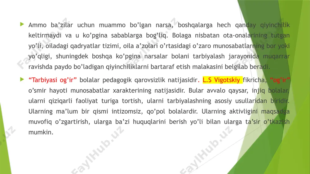 uxlab olsa yetarli. shu narsa aniqlandiki uyda xotirjamlik hukm surib, janjal va nizolar bo’lmasa, bola uchun ham yaxshi, u qattiq uxlaydi, ishtaxasi ham bo’ladi. shunday qilib , onada ham, bolada ham, bo’ladigan qiyinchiliklar avval boshidanoq umumiydir. kattalar esa buni har doim ham anglab yetmaydilar. faqat ayrimlargina bolaning kechinmalarini obektiv baholashga bo’ladilar. agar ba’zilar bola biror narsadan iztirob chekganida yig’lashi xarxasha qilishini tushunsalar, boshqalar hech qachon bu haqida o’ylab ham ko’rmaydilar. ular bolaning injiqligiga yo e’tibor bermaydilar, yoki uni har qanday usul bilan chalg’itishga urinadilar. buning sababini o’ylab ko’rish, tushunish uchun ularning vaqti ham, tajribasi ham yetmaydi. natijada kutilmagan vaziyat vujudga keladi: bola doimo “onaning psixologik xolatiga moslashadi”, onasi esa har doim ham bolaning holatini tushunmaydi. u bolasi xis qilayotgan qiyinchiliklarni uqib tushunib ololmaydi. u faqat kichkintoyini o’ziga qo’shimcha qiyinchiliklar tug’dirayotganini tushunadi xolos. shundan keyin bola haqida qiyin, unga xalaqit beruvchi, tashvish uyg’otuvchi, majburiyat yuklovchi, xavotirliklar keltiruvchi dastlabki, barqaror tasavvur hosil …