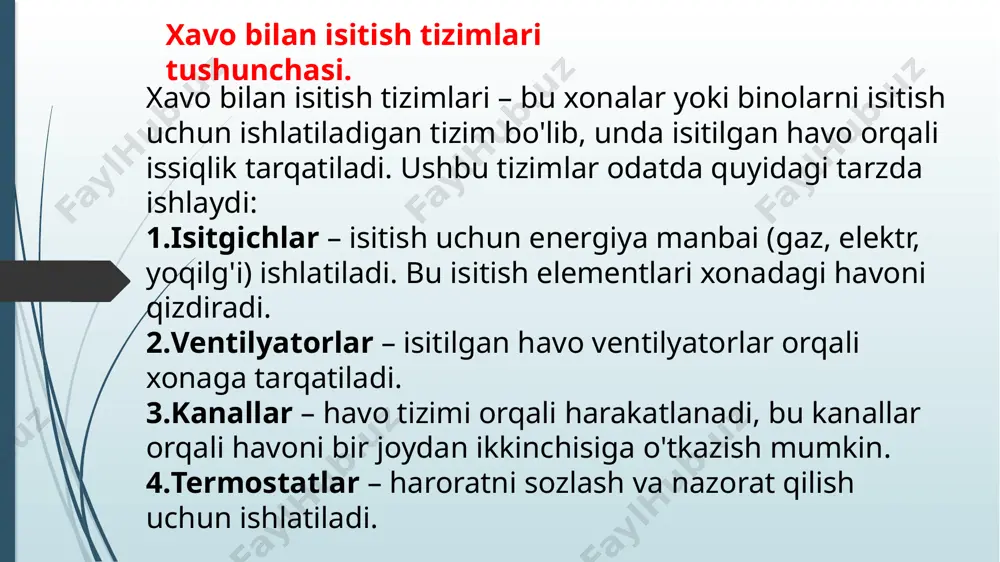 zda joylashadi va isitilgan havo butun binoga tarqatiladi. mahalliy tizimlar: har bir xona uchun alohida isitish manbalaridan foydalaniladi, bu esa ma'lum joylarni tezroq isitishga imkon beradi. foydalaniladigan texnologiyalar: isitish uchun ishlatiladigan texnologiyalar, masalan, gazli yoki elektr isitish elementlari, issiqlik pompalaridan foydalanish. xavo bilan isitish tizimlarining energiya samaradorligi. energiya tejamkorligi: xavo bilan isitish tizimlarining energiya sarfini kamaytirish usullari. masalan, yuqori samarali isitish qurilmalari, izolyatsiya materiallaridan foydalanish. isitish tizimlarini optimallashtirish: samaradorlikni oshirish uchun tizimlarni sozlash va avtomatizatsiya qilish. qayta tiklanuvchi energiya manbalaridan foydalanish: quyosh, havo va boshqa qayta tiklanuvchi energiya manbalaridan foydalanishning samaradorligi. xavo bilan isitish tizimlarining afzalliklari va kamchiliklari. afzalliklari: ishonchlilik, issiqlikni tez taqsimlash, samaradorlik va energiya tejash. kamchiliklari: yaxshi izolyatsiya qilinmagan binolarda issiqlikni yo'qotish, tizimning boshlang'ich xarajatlari. xulosa: mavzuga oid umumiy fikrlar: xavo bilan isitish tizimlarining samaradorligini oshirish uchun amalga oshirilgan tadqiqotlar va amaliyotlar. kelajakda rivojlanish istiqbollari: binolarni isitishda xavo bilan isitish tizimlari qanday o'rin tutishi va bu sohadagi innovatsiyalar. …