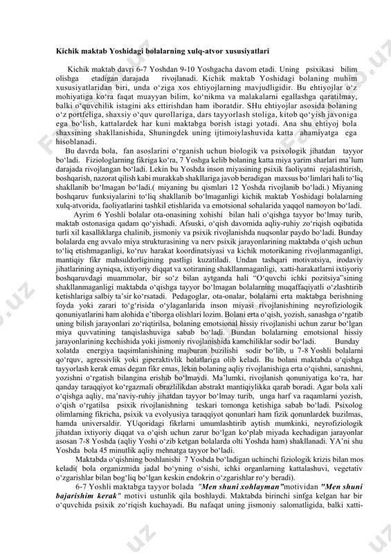 avjudligidir. bu ehtiyojlar o‘z mohiyatiga ko‘ra faqat muayyan bilim, ko‘nikma va malakalarni egallashga qaratilmay, balki o‘quvchilik istagini aks ettirishdan ham iboratdir. shu ehtiyojlar asosida bolaning o‘z portfeliga, shaxsiy o‘quv qurollariga, dars tayyorlash stoliga, kitob qo‘yish javoniga ega bo‘lish, kattalardek har kuni maktabga borish istagi yotadi. ana shu ehtiyoj bola shaxsining shakllanishida, shuningdek uning ijtimoiylashuvida katta ahamiyatga ega hisoblanadi. bu davrda bola, fan asoslarini o‘rganish uchun biologik va psixologik jihatdan tayyor bo‘ladi. fiziologlarning fikriga ko‘ra, 7 yoshga kelib bolaning katta miya yarim sharlari ma’lum darajada rivojlangan bo‘ladi. lekin bu yoshda inson miyasining psixik faoliyatni rejalashtirish, boshqarish, nazorat qilish kabi murakkab shakllariga javob beradigan maxsus bo‘limlari hali to‘liq shakllanib bo‘lmagan bo‘ladi.( miyaning bu qismlari 12 yoshda rivojlanib bo‘ladi.) miyaning boshqaruv funksiyalarini to‘liq shakllanib bo‘lmaganligi kichik maktab yoshidagi bolalarning xulq-atvorida, faoliyatlarini tashkil etishlarida va emotsional sohalarida yaqqol namoyon bo‘ladi. ayrim 6 yoshli bolalar ota-onasining xohishi bilan hali o‘qishga tayyor bo‘lmay turib, maktab ostonasiga …