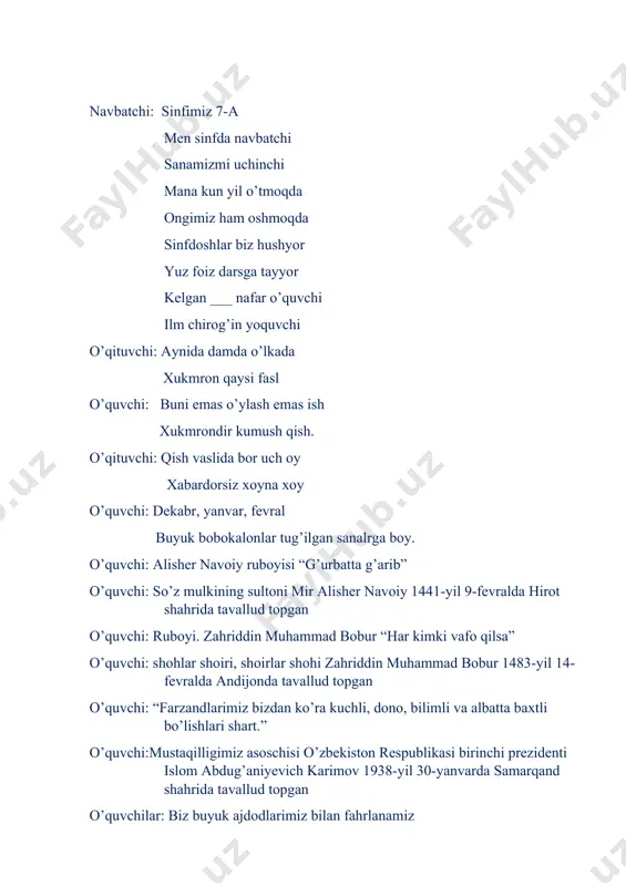 kun ichida juda mayda baliqchalar rivojlanib chiqadi 4.treska nasliga g’amxo’rlik qiluvchi baliq hisoblanadi. 5.afrika tilyapilya balig’ining erkaklari tuxumlarini qornidagi maxsus haltachada olib yuradi. yangi mavzu noni xosil qilishda qiziqarli davol javoblardan foydalaniladi b-18-noyabrda qabul qilingan davlat ramzi (bayroq) a-domiy yashil o’simlik (archa) l-afandi nima aytadi (latifa) i-besh bahoning qarama-qarshisi (ikki) q-askarlar harbiy hizmatda nima qabul qilishadi (qasamyod) l-tog’da o’suvchi gul (lola) a-kichkina dexcha ichi to’la mixcha (anor) r-qizil,sariq, oq bu nima (rang) n-aziz nemat (non) i-sexrli so’z (ilimos) n-boshiga olma tushib ketgan olim (nyuton) g-yer modeli (globus) x-quruqqa antonim so’z (xo’l) i-siz o’rganadigan chet tili (ingiliz) l-ingiliz tilida yoqtirmoq so’zi (like) m-shohning qizi (malika) a-geometrik shakl (aylana) x-o’zbek qiziqchi ayoli (xalima) i-rad qilmoq so’zini sinonimi (inkor) l-yomg’ir yoqqach tuproq (loy) l-vulqon otilganda nima oqadi (lava) i-avval _____, keyin siyosat (iqtisod) g-uy jixozi (gilam) i-katta kelsa oshga, kichik kelsa_______(ishga) t- 50+40= (to’qson) o-jannat _____ oyog’i ostida (onalar) g’-sportchilar nima qozonadi (g’alaba) …
