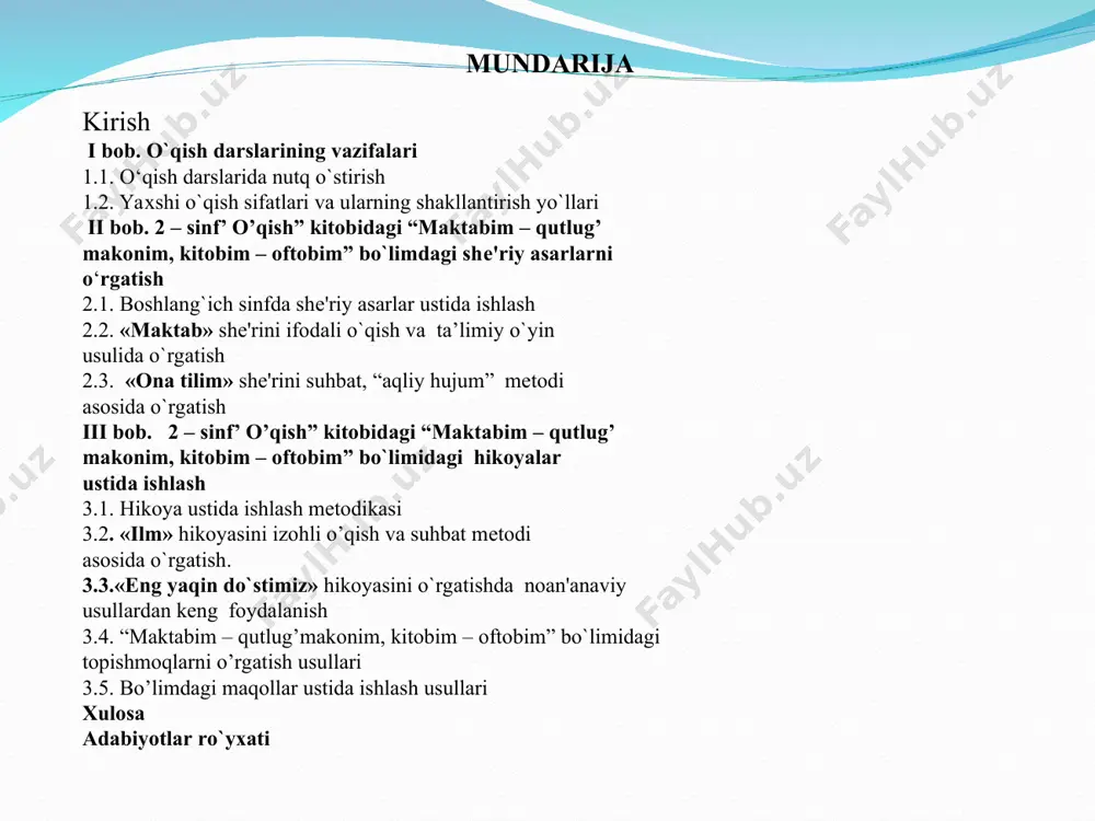ndagina o`zi yashayotgan jamiyatning ajralmas qismi bo`lgan o`qituvchi – murabbiy yoshlarga zamonaviy bilimlar bеra oladi, ularni yangi davr kishilari etib tarbiyalay oladi. barkamol avlod – o’zbekiston taraqqiyotining poydevori. toshkent1998.b.7. mavzuning dolzarbligi. “ma’naviyat – insonning ruhan poklanish, qalban ulg’ayishga chorlaydigan, odamning ichki dunyosi, irodasini baquvvat, iymon-e’tiqodini butun qiladigan, vijdonini uyg’otadigan beqiyos kuch, uning barcha qarashlarining mezonidir”, deb yozgan edi prezidentimiz o’zining “yuksak ma’naviyat yengilmas kuch” asarida. ma’naviyatning qaror topishida esa kitob bilab oshno tutinish,mutolaa madaniyatiga ega bo’lmoqning o’rni alohidadir. bugungi ishimizni dolzarbligi ham mana shu narsada. negaki, yuksak ma’naviyatli shaxsni tarbiyalash va kamol toptirish uchun bolalarning kitobxonlik madaniyatining yuksalishi, kitobni to’liq badiiy idrok etish qobiliyatining shakllanishi va rivoji beqiyos ahamiyatga ega. bunda o’qituvchi va o’quvchi hamkorligi hal qiluvchi omildir. maqsad va vazifalari. mazkur bitiruv malakaviy ishi o’zbekiston respubliksi “ta’lim to’g’risida“ gi qonuni va “kadrlar tayyorlash milliy dasturi” asosida ta'lim tizimidagi ustuvor muammolardan biri - o`sib kеlayotgan avlodning ma'naviy kamolotini ta'minlashda so`z …
