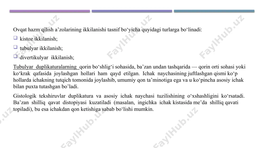 aslaganda og‘riq kuzatilmaydi. rentgenologik tekshiruv vaqtida qorin old devoriga yaqin joylashib, ichak qovuzloqlarini orqaga suruvchi o‘smasimon hosilani ko‘rish mumkin. ichak tutqichi kistalari odatda limfa to‘qimasining distopiyasi natijasida kelib chiqib, ichak tutqichining istalgan qismida joylasha­di. ular ichak tutqich varaqlari orasida joylashib, ichak devori bilan bog‘liq emas. ichak tutqichi kistalari ichida odatda seroz suyuq­lik bo‘lib, ularning yuqori joylashgan hollarida xileoz o‘t suyuqligi bo’lishi mumkin. kasallikning ilk belgilaridan biri - qorin aylanasi­ning asta-sekin kattalashishi borib, u bolani bezovta qilmaydi. kista kattalashgani sari o‘qtin-o‘qtin qusish va og‘riq paydo bo’ladi. agar kista buralib qolsa, bolaning ahvoli battar og‘irlashadi, og‘riq kuchayadi, bola ko‘p qayt qiladi. ichak tutqichi kistalariga hosilaning o‘ta sirpanuvchanligi xos. o‘sma qorin bo‘shlig‘ida bemalol sirpanadi, aniq chegaraga va tekis konturga ega. ingichka ichak tutqichi kistalari juda ham sirpanuvchan. katta ichak tutqich kistalarida ko‘pincha asoratlar (kista o‘z o‘qi atrofida buralish, ichak tutilishi, yiringlash va boshq.) kuzatiladi. bunday hollarda bemor qorin bo‘shlig‘i og‘ir xastaligi bilan jarrohlik …