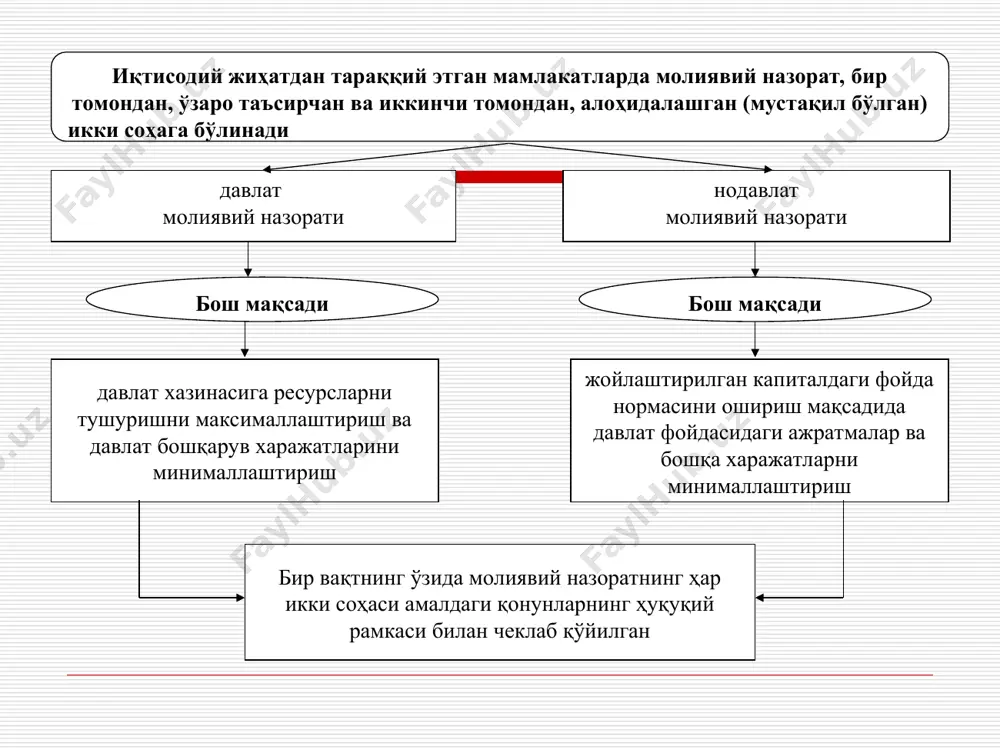 имолининг огоҳлантирилувчанлиги) молиявий жиноятлар бўйича шубҳаланилаётган шахсларнинг айбсизлик (судгача) презумпцияси турли назорат органлари фаолиятларининг мувофиқлаштирувчанлиги 2. молиявий назорат турлари, шакллари ва методлари молиявий назоратни амалга оширувчи субъектларга кўра унинг қуйидаги турлари мавжуд умумдавлат идоравий хўжалик ичидаги жамоатчилк мустақил давлат ҳоки-мият орган-лари томо-нидан амалга оширилади вазирликларнинг назорат-тафтиш бошқар малари ва бошқа таркибий тузилма лари томони дан амалга ошири лади корхо на ва ташки лотлар нинг иқтисо дий ва молия вий хизмат лари томони дан ўткази лади нодав лат ташки лот лари томонидан амалга ошири лади махсус орган лар: аудиторлик фирма лари ва бошқа хизмат лар томонидан ўткази лади молиявий назоратнинг шаклларини қуйидаги мезонлар бўйича классификация қилиш қабул қилинган амалга оширилиш регламенти назоратнинг объектлари ўтказилиш вақти назоратнинг субъектлари ташаббускорли (ички) мажбурий (ташқи) амалга оширилиш регламенти бўйича молиявий назоратнинг турлари дастлабки жорий (оператив) навбатдаги (келгуси, сўнгги) ўтказилиш вақти бўйича молиявий назоратнинг турлари назоратнинг субъеклари бўйича молиявий назоратнинг қуйидаги шакллари бўлиши мумкин президент молиявий …