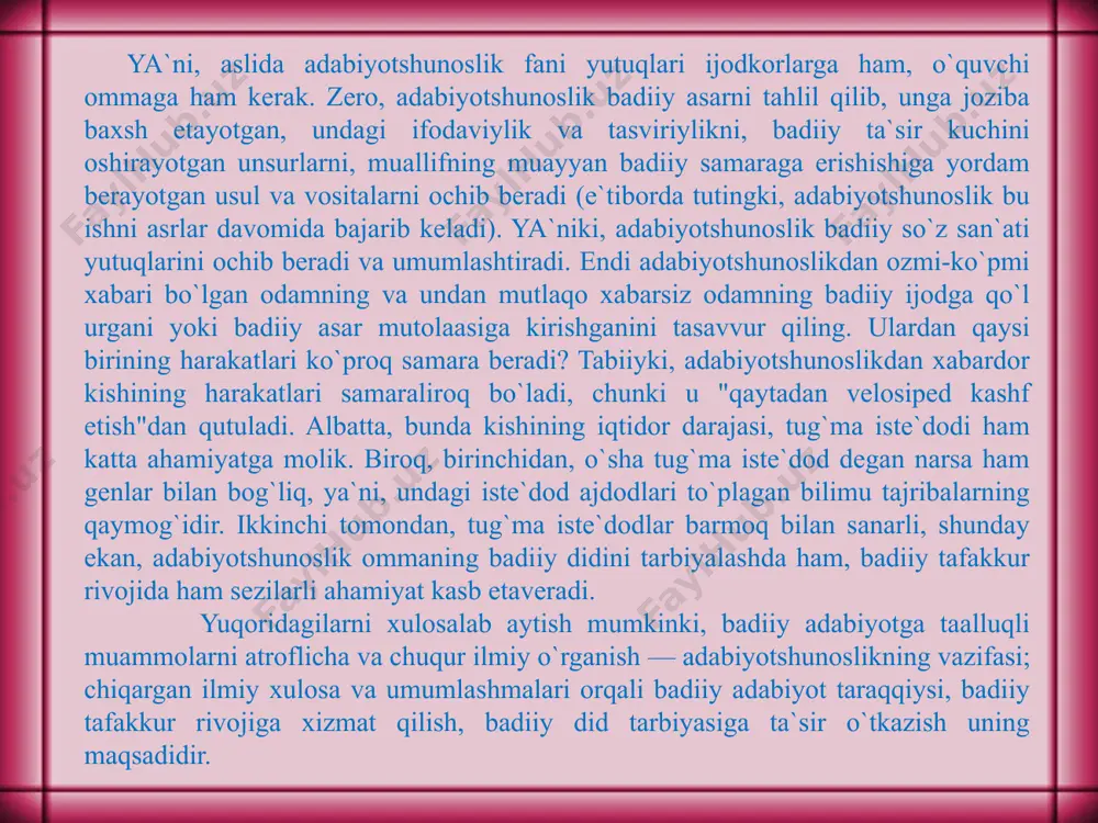 otshunoslikning operativ, joriy adabiy jarayonga bevosita aralashadigan sohasidir. adabiy tanqid adabiyotshunoslikning boshqa sohalaridan bir qator jihatlari bilan ajraladiki, bu narsa uning tabiati, o`ziga xos maqsad va vazifalari bilan izohlanadi. adabiy tanqid o`zida adabiyotshunoslik ilmi, badiiy adabiyot va publitsistikaga xos jihatlarni uyg`unlashtiradi. ma`lumki, adabiy-tanqidiy asar faqat ilmiy doiralar uchungina emas, balki ancha keng auditoriyaga mo`ljallab yoziladi. shunga ko`ra, uning tili — ilmiy-ommabop til. boz ustiga, badiiy asar haqida so`z borarkan, tanqidchi faqat tushunchalar vositasida emas, obrazlar vositasida ham fikrlaydi; mantiqiygina emas, hissiy mushohadalarga ham tayanadi. badiiy asar haqida fikr yuritayotgan, uni bugungi kun nuqtai nazaridan baholayotgan tanqidchi o`quvchi ommaga bevosita ta`sir qilishni ham ko`zda tutadi. ayni paytda, badiiy asarni tahlil qilayotgan tanqidchining fikrlari adabiyot nazariyasiga, adabiyotshunoslik ilmining yutuqlariga asoslanadi. bularning bari adabiy-tanqidni adabiyotshunoslik, badiiy adabiyot va publitsistika oralig`idagi hodisaga aylantiradi. o`zbek adabiy tanqidchiligining ilk kurtaklari ham tazkiralarga borib taqaladi. shuningdek, mutaxassislar o`tmish adabiy jarayoniga xos bo`lgan mushoiralar, nafis majlislarda «og`zaki tanqid» …