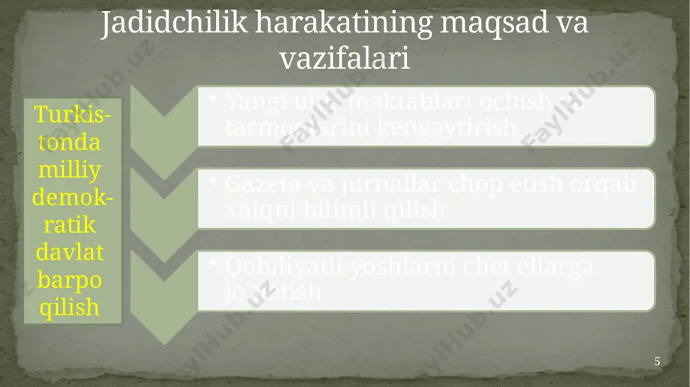 ʻq-poʻpisasi ekanligi majlislarda ayon boʻldi. shu bois turkistonlik 40 nafar delegat qurultoy tugagach, oʻzaro kengash oʻtkazib, unda „turkistondagi sovet hokimiyatiga qarshi tashviqot ishlari“ni avj oldirishga va „oktabr inqilobining uch yilligi kunida umumxalq qoʻzgʻoloni koʻtarish“ga axd qildilar. biroq, ularning bu rejasi toʻliq amalga oshmadi. turkiston jadidlari faoliyati butun oʻlkani qamraydigan, inglizlarning skauting maktab dasturiga yaqin dastur asosida ishlaydigan „turon kuchi“, „turk kuchi“, „temur“, „izchilar“, „lochin“ kabi guruhlarni tuzdilar. bu guruxlar oʻrta maktab taʼlimi, hunar, sanʼatdan tashqari, harbiy mashqlar bilan shugʻullanib, shoʻrolarga asosiy zarba beruvchi kuch sifatida koʻrina boshladi. 1920-yil sovet rejimi bu guruxlar faoliyatini tugatdi. fargʻona va toshkentdagi voqealar yakuni jadidlarning umidlarini soʻndira olmadi. ular buxoro respublikasi rahbarlari bilan birgalikda ish boshladilar. buxoroda jadid taraqqiyparvarlar firqasi tuzildi. bu firqa dasturiga koʻra, davlatni jumhuriyat raisi (prezident) va parlament boshqarishi koʻzda tutilgan edi. 1921-yil 2-5-avgustda buxoroda validiy boshchiligida turkiston milliy birligi tashkiloti tuzildi. u istiqlolchilik harakatini jipslashtirishda muhim rol oʻynaydi. turkiston milliy birligi …