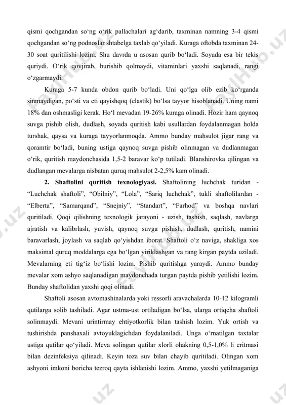 ichi tomonini ustga qaratib podnoslarga teriladi va oltingugurt bilan dudlanadi. har bir kilogramm mevaga 1,5-2 gramm oltingugurt ishlatiladi, dudlash 45-60 minut davom etadi. dudlangan meva podnosi bilan birga so‘kchaklarga olib quritiladi. namning 1/2-2/3 qismi qochgandan so‘ng o‘rik pallachalari ag‘darib, taxminan namning 3-4 qismi qochgandan so‘ng podnoslar shtabelga taxlab qo‘yiladi. kuraga oftobda taxminan 24-30 soat quritilishi lozim. shu davrda u asosan qurib bo‘ladi. soyada esa bir tekis quriydi. o‘rik qovjirab, burishib qolmaydi, vitaminlari yaxshi saqlanadi, rangi o‘zgarmaydi. kuraga 5-7 kunda obdon qurib bo‘ladi. uni qo‘lga olib ezib ko‘rganda sinmaydigan, po‘sti va eti qayishqoq (elastik) bo‘lsa tayyor hisoblanadi. uning nami 18% dan oshmasligi kerak. ho‘l mevadan 19-26% kuraga olinadi. hozir ham qaynoq suvga pishib olish, dudlash, soyada quritish kabi usullardan foydalanmagan holda turshak, qaysa va kuraga tayyorlanmoqda. ammo bunday mahsulot jigar rang va qoramtir bo‘ladi, buning ustiga qaynoq suvga pishib olinmagan va dudlanmagan o‘rik, quritish maydonchasida 1,5-2 baravar ko‘p tutiladi. blanshirovka qilingan …