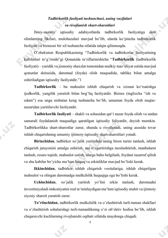 omadga mulkchilik huquqiga ega bo’lishi kerak. uchinchidan, xo’jalik yuritish yo’lini erkin tanlash, daromadni investitsiyalash imkoniyatini real ta‘minlaydigan ma‘lum iqtisodiy muhit va ijtimoiy siyosiy sharoit yaratish zarur. to’rtinchidan, tadbirkorlik mulkchilik va o’zlashtirish turli-tuman shakllari va o’zlashtirish sohalaridagi turli-tumanlikning o’zi ob‘ektiv hodisa bo’lib, ishlab chiqaruvchi kuchlarning rivojlanishi oqibati sifatida maydonga chiqadi. beshinchidan, yetarli moliyaviy manbalarga, yaxshi ma‘lumot va malakali tayyorgarlikka ega bo’lish, umumiy tijorat qonunchiligi, soliq bo’yicha imtiyozlar, tadbirkorlik muhiti va uni rivojlantirishda jamiyat manfaatdorligining mavjud bo’lishi tadbirkorlikni rivojlantirishning navbatdagi shart-sharoitlari hisoblanadi. aytish mumkinki, ko’rsatib o’tilgan shart-sharoitlar mavjud bo’lsa tadbirkorlik shakllanadi va rivojlanadi. tadbirkorlik faoliyatining shakllari hozirgi bozor iqtisodiyoti sharoitida barcha mamlakatlarda mukammal iqtisodiyotni yaratishda tadbirkorlik muhim faoliyat hisoblanadi. ishlab chiqaruvchi kuchlar jadal rivojlanib, bir-biriga qo’shilib ketishi sodir bo’lmoqdaishlab chiqaruvchi kuchlardan jamoa, guruh, xususiy va shaxsiy maqsadlarda ishlatiladigan turlari mavjud. shunga mos ravishda tadbirkorlikning turli-tuman shakllari mavjud: a) davlat; b) jamoa; v) shaxsiy; g) xususiy; d) aralash va boshqa hosila shakllari rivojlanadi. …