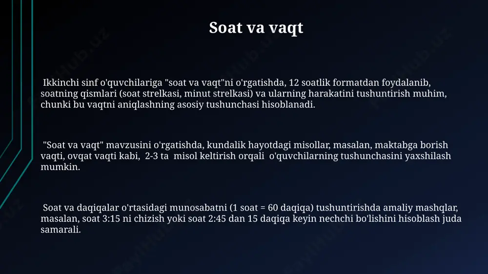 sinf o'quvchilari geometrik shakllarni o'rganishda 2 o'lchovli shakllar (kvadrat, to'rtburchak, uchburchak, doira) bilan tanishadilar va ularning xususiyatlarini (tomonlari soni, burchaklari) aniqlaydilar. o'quvchilar 4 ta turli xil rangdagi geometrik shakllardan foydalanib, 5 ta turli xil kompozitsiyalar yaratish orqali geometrik shakllarning kombinatsiyalarini o'rganadilar. geometrik shakllarni solishtirishda 3 ta asosiy mezon qo'llaniladi: tomonlar soni, burchaklar soni va shakllar o'lchamlari. bu bolalar mantiqiy fikrlashini rivojlantiradi. qo'shish va ayirish qo'shish va ayirish amallarini o'rgatishda 2-sinf o'quvchilariga sonlarni 100 gacha qo'shish va ayirish misollarini yechishda raqamlar chizig'idan foydalanishni o'rgatish samarali bo'ladi. bu ularning hisoblash qobiliyatini rivojlantiradi. qo'shish va ayirishda o'quvchilarga tenglamalarni (masalan, 25 + 12 = ?) va so'z orqali ifodalangan masalalarni yechishni o'rgatish kerak. bu muammolarni hal qilish qobiliyatlarini oshiradi. qo'shish va ayirish amallarini kundalik hayotdagi vaziyatlar bilan bog'lash, masalan, 15 ta olma va 20 ta nokni birlashtirish orqali yig'indini topish, o'rganishni yanada qiziqarli va tushunarli qiladi. raqamlarni yozish va o'qish raqamlarni yozish va o'qishda …