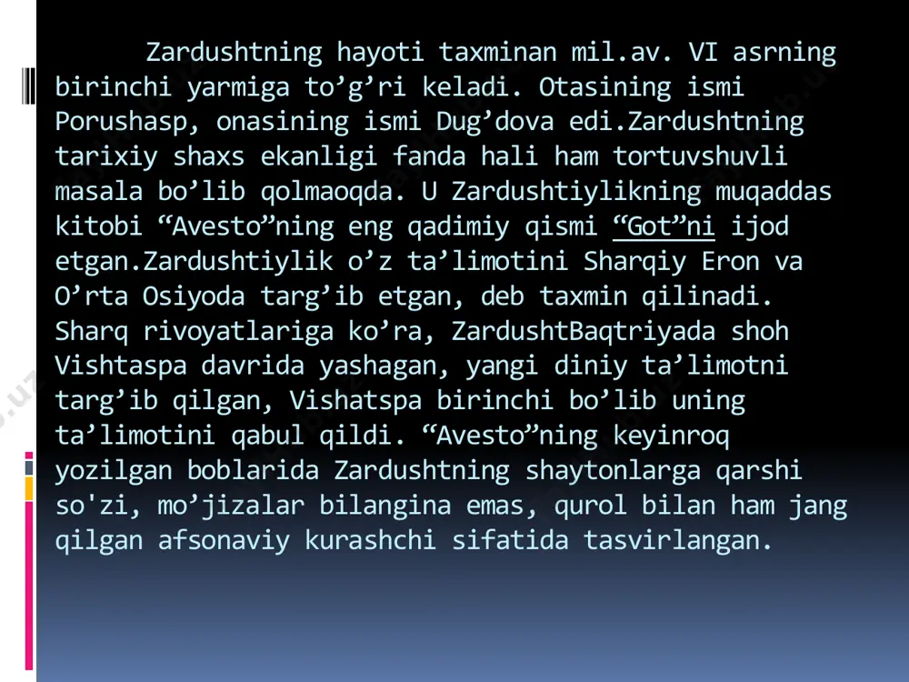 ik, ota-ona keksalar maslahatiga quloq solingan va ularga ravshan andisha bilan qaralgan. yaxshi bilan yomonni ajratishga diqqat qilingan. har bir erkak va ayol fursatni boy bermay, o’zi to’g’ri yo’lni tanlashi, tokim hayoti pok xiradmand yor bilan o’tadishi maslahat qilingan. zardushtiylikda ko'pxotinlik qat'iy man etilgan. ayni paytda hayotni bo'ydoq o'tkazish ham qoralangan. balog'atga yetgan qiz bola ota-ona, jamoaning ra'yini pisand qilmay, o'zidan zurriyot qoldirishni istamay, qasddan turmushga chiqmay umrguzaronlik qilib yursa, u qopga solinib, 25 darra kaltaklanish bilan jazolangan; yigit zurriyot qoldirish qobiliyati bo'la turib, ataylab uylanmay yursa, uni badnom qilinish maqsadida har doim temir kamar bog'lab yurishga majbur qilingan. zardusht quyidagicha murojaat etadi:“endi men sizlarga shaxsan murojaat etaman: pandimga quloq soling va aytganlarimni xotirangizga muhrlab qo’ying. halollik bilan kun kechirish yo’lida g’ayrat va shijoatli bo’ling. har biringiz yaxshi xulqingiz bilan mehr qo’ying, tokim muqaddas er-xotinlikni xursandlik va xushbaxtlik bilan o’tkazing. ayol huquqini tahqir etmoq yomon amaldir, u nodonlik belgisidir. ey …