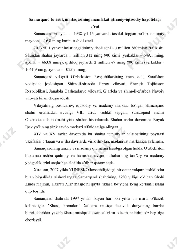 bag‘riga chorlaydi. samarqand viloyati tabiiy boyliklarga boy. viloyat hududida, xususan, volfram, mis, ohak, marmar, gips, keramzit, alyuminiy, granit va boshqa konlar mavjud. viloyat o‘zbekistonning yirik sanoat markazlaridan biri hisoblanadi. viloyatda "samarqand avtomobil zavodi", “8-mart” mas’uliyati cheklangan jamiyati, "jv man avto", "bat o‘zbekiston", “daka teks”, "sam-antep-gilam", “praga-pivo”, “agromir samarkand” qo‘shma korxonalari, "samarqandlift", "sino", "samarqandkimyo" aksionerlik jamiyatlari kabi ko‘plab mamlakat ahamiyatiga molik sanoat korxonalari faoliyat yuritmoqda. 2012 yilda yalpi hududiy mahsulot o‘sish sur’ati 110,7 foizni tashkil etdi. bunga, avvalo sanoat, qurilish, xizmat ko‘rsatish sohasidagi yuqori o‘sish sur’atlari, shuningdek, xalq iste’moli mollarini ishlab chiqarish 3,1 foizga, qishloq xo‘jalik 6,1 foizga, chakana savdo 20,2 foizga, pulli xizmat ko‘rsatish hajmi 16,6 foizga ko‘payshi hamda maqsadli davlat dasturlarini amalga oshirish hisobiga erishildi. viloyatda 2012 yilning yanvar-dekabr oylarida yalpi hududiy mahsulot 6015,5 mlrd so‘mni ya’ni o‘tgan yilga nisbatan 110,7 foizni va aholi jon boshiga yalpi hududiy mahsulot ishlab chiqarilishi 1793,8 ming so‘mni tashkil etib, o‘tgan yilga nisbatan …