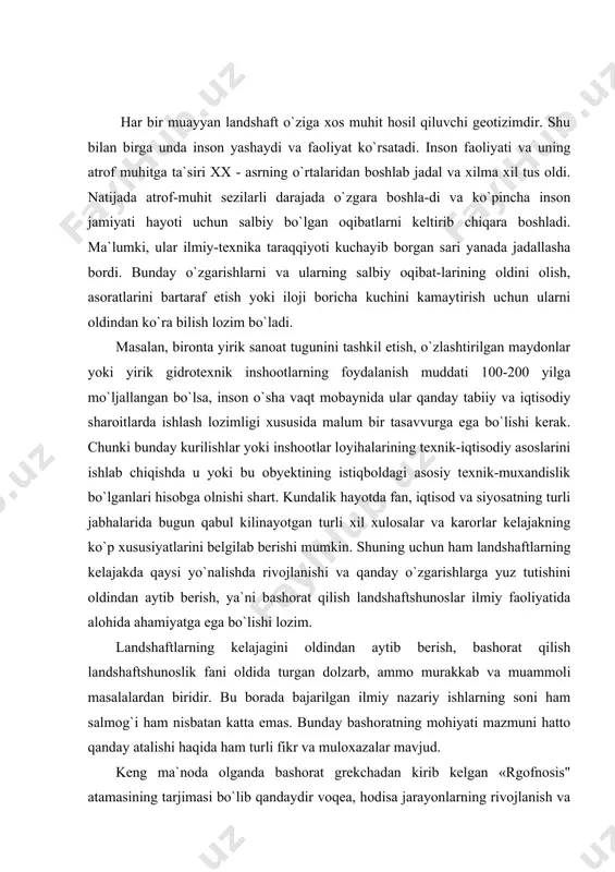 am nisbatan katta emas. bunday bashoratning mohiyati mazmuni hatto qanday atalishi haqida ham turli fikr va muloxazalar mavjud. keng ma`noda olganda bashorat grekchadan kirib kelgan «rgofnosis" atamasining tarjimasi bo`lib qandaydir voqea, hodisa jarayonlarning rivojlanish va yakunidagi o`zgarishlarni oldindan ko`ra bilish demakdir. umuman bashorat haqida aytilgan muloxazalarning birida bashorat qilish deganda, kelajak haqida aynan kuzatib o`rganishning iloji bo`lmagan malum turdagi hodisalar haqida ularning rivojlanish qonuniyatlarini bilish asosidagina tassavvurga ega bo`lish tushuniladi. yetakchi iqtisodiy geograflardan biri y. g. saushkin (1980) geografik bashoratni ijtimoiy-iqtisodiy bashoratning bir qismi deb hisoblaydi. uning fikricha geografik bashorat istiqbolda integral geotizimlar, ya`ni turli o`lchamlar guruhi muayyan o`lkalar, rayonlar, shaharlar, zonalar, landshaftlar guruhlari yoki alohida landshaftlar kabi tizimlarda tabiat, alohida xo`jalik orasida o`zaro ta`sir yuzaga kelishini ilmiy belgilab berishdir. geogrfik bashorat tabiiy geografik, demografik va iqtisodiy-ijgimoiy geografik bashoratlarga (shu jumladan masalan sanoat-tugunlari joylashuvi va rivojlanish bashorat qilish) bo`linadi. geografik bashorat qilishni y.g.saushkin hozirgi zamon geografiya fani rivojlanishidagi eng muhim …