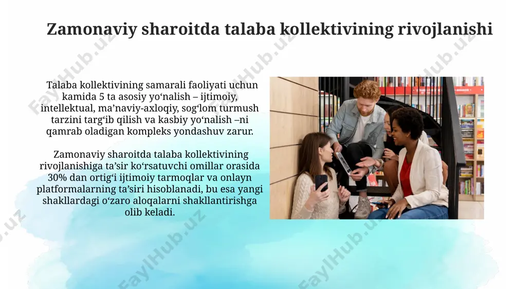 adigan ijtimoiy tadbirlar soni o‘rtacha yiliga 10-15 ta bo‘lib, bu o‘quvchilarning faollik ko‘rsatkichlarini 20% ga oshiradi va ularning kommunikativ ko‘nikmalarini yaxshilaydi. o‘quvchilarning kollektivdagi ijtimoiy faoliyati natijasida, ularning o‘zaro hamkorlik qobiliyati 15% ga oshishi bilan birga, shaxsiy o‘z-o‘zini boshqarish va mas’uliyatlilik darajasi ham sezilarli darajada yuksaladi. kollektivning tarbiyaviy imkoniyatlari kollektivdagi o'zaro yordam va hamkorlik o'quvchilarning 85% gacha muvaffaqiyat darajasini oshiradi, bu esa o'z-o'zini boshqarish ko'nikmalarini rivojlantirishga va ijobiy psixologik iqlimni shakllantirishga imkon beradi. kollektiv orqali shaxsning ijtimoiylashuvi 3 bosqichda (moslashuv, integratsiya, individualizatsiya) amalga oshadi, bu jarayonda kamida 5 ta asosiy ijtimoiy rol o'rganiladi va o'quvchilarning o'zaro munosabatlari 70% ga yaqin tarbiyaviy ta'sir ko'rsatadi. kollektivning muammolarini hal etish kollektiv ichidagi 30% talabaning passivligi o'quv jarayonining samaradorligiga salbiy ta'sir ko'rsatib, 15% ga natijalarni pasaytirishi mumkin. muammoni hal qilish uchun faol ishtirokni rag'batlantirish strategiyasini ishlab chiqish zarur. kollektivdagi nizolarni samarali hal qilish uchun 4 bosqichli muloqot modeli (tinglash, tushunish, muhokama qilish, qaror qabul qilish) …