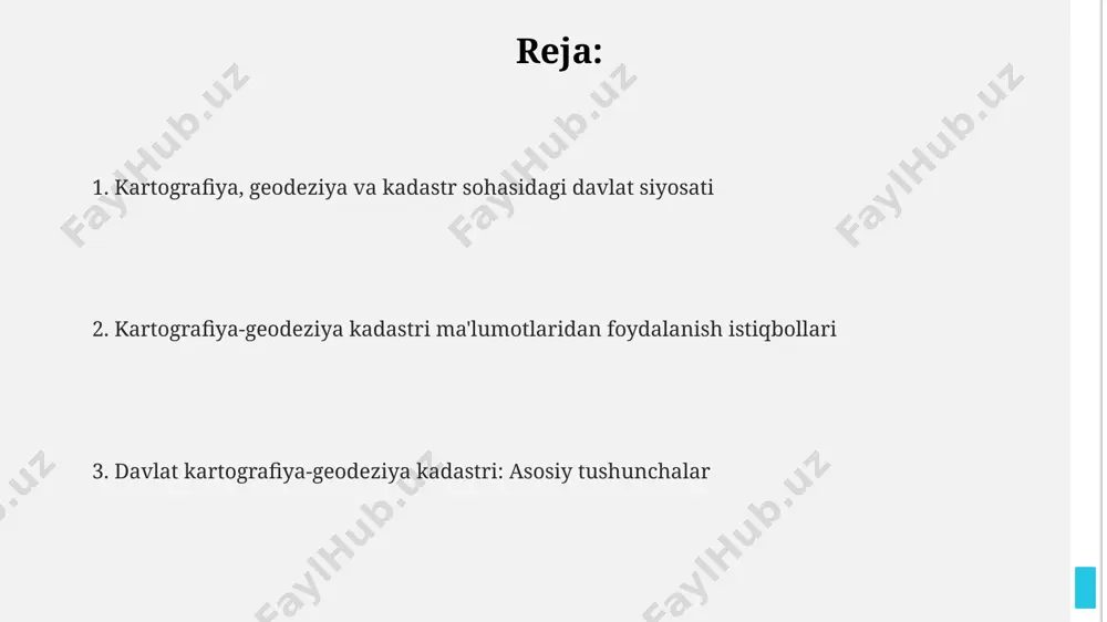 ga rioya etilishini nazorat qiladi. geodeziya nazorati jarayonida buzilishlar aniqlanganda, o'zbekiston respublikasining ma'muriy javobgarlik to'g'risidagi kodeksining 109-moddasiga muvofiq, aybdor shaxslarga jarima solish chorasi ko'riladi. bu jarima miqdori 1 dan 5 minimal ish haqigacha belgilanishi mumkin. davlat geodeziya nazorati vazirlar mahkamasining 321-sonli qarori bilan tasdiqlangan nizom asosida amalga oshiriladi. nazoratning maqsadi geodezik punktlar, tarmoqlar holatini saqlash, aniqlik parametrlariga rioya etilishini ta'minlashdir. geodezik o'lchovlar geodezik o'lchovlar davlat kadastrida muhim ahamiyatga ega. yer uchastkalarini aniqlash, chegaralarni belgilash va kadastr kartalarini tuzish uchun yuqori aniqlikdagi o'lchovlar talab etiladi, xatolik tolerantligi 1:10000 dan kam bo'lishi kerak. geodezik o'lchovlar geodezik o'lchovlar turli usullarni o'z ichiga oladi, masalan, trilateratsiya, triangulyatsiya va nivelirlash. gps kabi zamonaviy texnologiyalar bilan o'lchovlar soniyaning bir necha qismida va bir necha santimetrlik aniqlikda amalga oshirilishi mumkin. hududiy rejalashtirish hududiy rejalashtirish o'zbekiston respublikasi vazirlar mahkamasining 2021-yil 10-fevraldagi 66-sonli qaroriga muvofiq, hududiy rejalashtirish loyihalarini ishlab chiqishda 3 bosqichli davlat ekspertizasi o'tkazilishi shart etib belgilangan. hududiy …