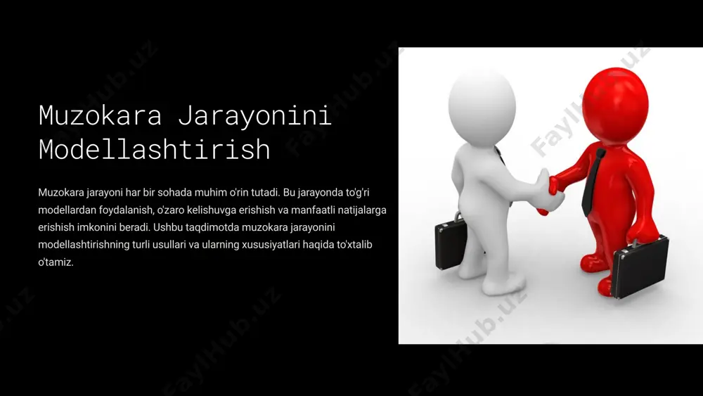 to'g'ri modelni tanlash va unga mos ravishda harakat qilish sizga kelishuvga erishish va manfaatli natijalarga erishish imkonini beradi. muzokaralarga tayyorgarlik ko'rish, o'zaro kelishuvga erishishga intilish va o'zaro hurmat bilan munosabatda bo'lish muhimdir. ushbu taqdimot sizga muzokara jarayonini modellashtirishda yordam beradi va o'zaro kelishuvga erishish imkoniyatini oshiradi. 12 e’tiboringiz uchun rahmat image1.jpeg image2.jpeg image3.png image4.png image5.png image6.png image7.png image8.png image9.png image10.png image11.jpeg