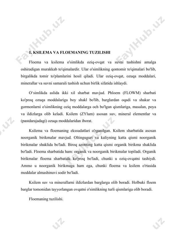 bo‘lsa, yo‘ldosh-hujayralar uchun bu ko‘rsatkich 8-30 baravar ko‘pdir. yo‘ldosh-hujayralar hujayra devorining boshqa bir o‘ziga xos tomoni bu ularda plazmalemma hisobiga juda ko‘p labirintlar hosil qilganligidir. bu esa o‘z navbatida ular yuzasining keng bo‘lishiga olib keladi. 2. ksilema va floema shiralarining tarkibi ksilema shirasining tarkibi. ksilem sharbati: ksilem sharbatida asosiy tarkibiy qismlar suv va turli minerallarning suyultirilgan kontsentratsiyasidir. u ozgina kislotali. floem sharbati: floem sharbati mikroelementlar, suv, saxaroza va aminokislotalardan iborat. ba'zi navlarda fruktan, rafinoza va boshqalar ham mavjud. ksilem sharbati (talaffuzi /ˈzaɪləm/) asosan gormonlar, mineral elementlar va boshqa oziq moddalarning suvli eritmasidan iborat. ksilemada sharbatni tashish ildizlardan barglarga qarab harakatlanishi bilan tavsiflanadi. ksilem sharbatini boshi kesilgan o'simliklarning ildiz poyalaridan (ildizdan qon ketadigan sharbat, rbs) yoki kesilgan poya segmentlaridan vakuumli ekstraktsiyalash (vakuum bilan olingan sharbat, ves) bilan to'plash mumkin. ksilem asosan traxeidlar va tomirlar kabi traxeya elementlaridan hosil bo'ladi. unga murakkab to'qima maqomini beradigan boshqa turli xil hujayralar mavjud. birlamchi ksilem …