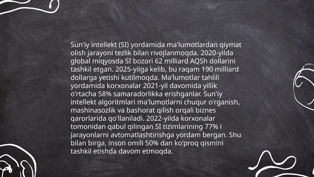 a'lumotlarni tushunishni 30% ga oshirishi mumkin. sun'iy intellekt yordamida yaratilgan vizualizatsiya vositalari ko'proq 60% dan ortiq vaqtni tejashga imkon beradi, chunki ular avtomatik tarzda mos keladigan grafikalar va diagrammalar yaratishga qodir. ... t.me/slaydai_bot sun'iy intellekt orqali ma'lumotlarni klasterlash ma'lumotlar to'plamini guruhlarga ajratishga qaratilgan texnikadir. bu usulda k-means, hierarchical va dbscan kabi algoritmlar ishlatiladi. k-means algoritmida, k sonini belgilab, ma'lumotlar k guruhlarga bo'linadi. hierarchical klasterlash esa daraxtsimon tuzilishda guruhlarni tashkil etadi. ma'lumotlarni klasterlash maqsadlari trendlarni aniqlash, segmentatsiya yoki ma'lumotlarni qidirishda samaradorlikni oshirishdir. sun'iy intellekt vositasida klasterlash tahlilida yuqori aniqlik va tezlikka erishiladi, bu esa katta hajmdagi ma'lumotlar bilan ishlashni osonlashtiradi. masalan, marketingda foydalanuvchilar segmentlarini aniqlash uchun qo'llaniladi. ... t.me/slaydai_bot 10. katta ma'lumotlarda anomaliyalarning sun'iy intellekt orqali aniqlanishi sun'iy intellekt yordamida anomaliyalarni aniqlash — bu katta ma'lumotlar to'plamidagi qoidalarga zid bo‘lgan ma'lumotlarni identifikatsiyalash jarayonidir. bunday anomaliyalar kiberxavfsizlik, moliyaviy firibgarlik va sogʻliqni saqlash sohalarida muhim ahamiyat kasb etadi. anomaliyalarning misollari orasida noodatiy tranzaktsiyalar, …