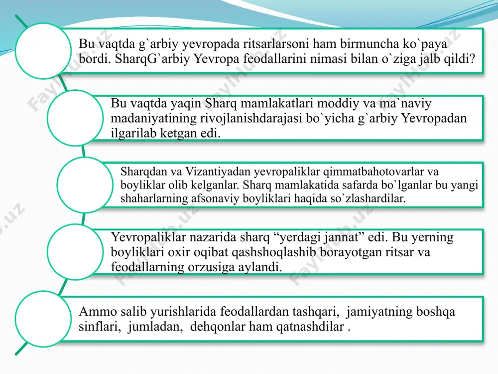 b etilar edi. ular doimiy ravishda hujumkor yurishlar qilish va mudofaani ushlab turishuchun 1119- yilda tampleyerlar ma`naviy ritsarlik ordeni yoki ibodatxona ahllari degan fransuz ordeni tashkil etildi, chunki orden binosi , rivoyatlarga ko`ra, qachonlardir podsho solomonning qadimiy yahudiylar ibodatxonasi joylashgan teritoriyada bo`lgan. tez orada gospitalerlar ordeni va keyinchalik 1190- yilda esa nemis ritsarlarini birlashtirgan tevton ordeni yaratildi. bu orden boshqa ordenlardan ancha keyinroq barpo etilib, falastinda uncha uzoq turmadi. “ xiii asr boshida tevton ordeni yevropaga ko`chib o`tib, quyi visla daryosi qirg`og`ini o`ziga makon qilib tanlab oldi, polyak feodallari mahalliy “majusiylar” ga - prusslarga qarshi kurashish uchun tevton ordenini bu yerga taklif etgan edilar. tevton ordeni prussiyani istilo etib va shuning oqibatida “tevton ” ordeni degan nom o`rniga “pruss ” ordeni degan nom oldi. bu ordenlarning a`zolari ritsarlardan iborat bo`lib alohida odatlar asosida yashardilar.”tampleyerlar qizil xoch tasviri tushirilgan oq kiyim kiyishardi. gospitalerlar esa oq xoch aksi tushirilganqizil kiyim kiyishardi. tevton …