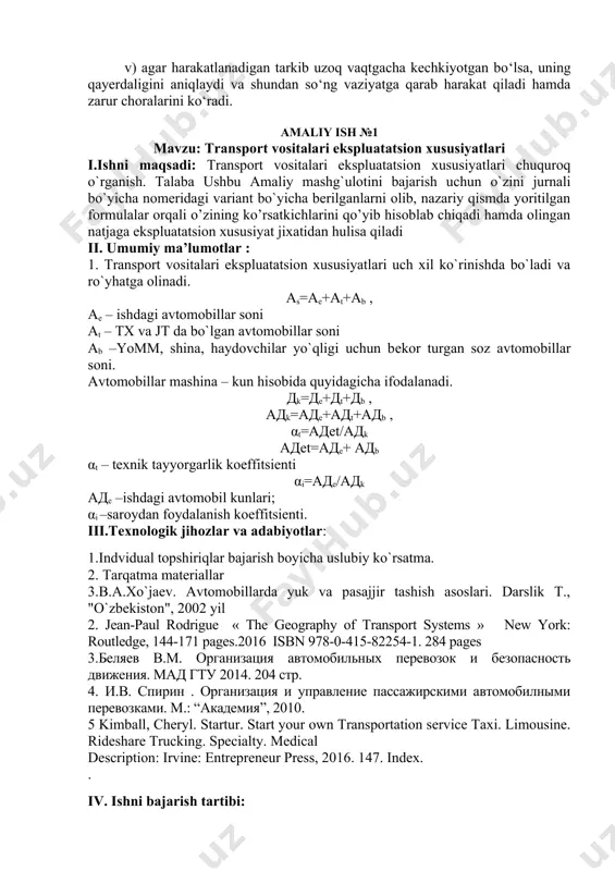 yoriqnoma o‘tkaziladi; d) yo‘l varaqasini berishda haydovchiga mazkur toifadagi transport vositasini haydash huquqini beruvchi guvohnomaning borligini tekshiradi; e) tartibbuzarlarga nisbatan tegishli choralar ko‘rish maqsadida haydovchilardan yo‘l varaqalarini qabul qilishda ulardagi yo‘l harakati xavfsizligi qoidalari, yo‘lovchi va bagaj tashish qoidalari, avtotransportni texnik ekspluatatsiya qilish qoidalarini buzganligi to‘g‘risidagi yozuvlarga e’tibor qaratadi; j) haydovchidan avtotransport ishi to‘g‘risidagi hujjatni qabul qilishda naryad vaqtini nazorat qiladi; z) avtotransport ishlaydigan yo‘l sharoitlarini tekshiradi. yolda xavfli uchastkalar mavjud bo‘lganida-bunday joylarni aylanib o‘tish marshrutlarini yo‘l vaqaqasida ko‘rsatadi; i) haydovchilarning mehnat va dam olishning belgilangan rejimiga, yo‘l harakati qoidalari va avtotransport texnik ekspluatatsiya qilish qoidalariga rioya qilishlarini muntazam tekshirib boradi; k) haydovchilarni marshrutda harakatlanish uchunn havfli bo‘lgan joylari ko‘rsatilgan sxemalar bilan ta’minlaydi; l) yo‘lovchilar soni salondagi o‘tiradigan joylardan ortiq bo‘lgan avtobuslarning xalqaro liniyalarda va tog‘ joylardan o‘tuvchi barcha marshrutlarida harakatlanishiga yo‘l qo‘yilmaydi; m) barcha rusumdagi avtobuslar, yengil avtomobillar va yuk mashinalarida mustaqil ravishda ishlashga, ilgari bunday transport vositasini boshqarmagan …