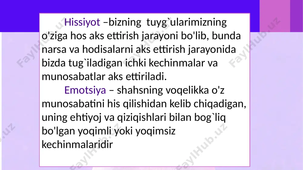 ning ayrim joylaridagi nerv faoliyatidan iborat” maqsad va unga erishishga intilish maqsadaga erishish imkoniyatlarini topish mativlarni paydo bo`lishi va imkoniyatlarini mustahkamlash mativlar kurashi va tanlash biror fikrni qabul qilish qabul qilingan qarorni amalga oshirish irodaviy harakatlarning asosiy tarkibiy qismlari irodaviy sifatlar – bu qiyinchiliklarni engishda shakllanadigan harakter bilan bog`liq, aniq vaziyatlarda namoyon bo'luvchi va shahs hususiyatlariga aylangan irodaviy boshqaruvning o'ziga hos hususiyatidir. sabr-toqatlik-bu shaxsning o’zini salbiy emotsiyalarini barqaroa ravishda ushlab turish,impulislarini,o’ylanmagan emotsional reaksiyalarni, vaziyatlarda agressiv xatti-xarakatlarga bo’lgan istaklarni bosib turishidir iroda haqida olimlarning istalgan fikrlaridan birontasini yozing va izoh bering irodaviy sifatlarni 3 guruhga ajratish mumkin va bu quyidagi jadvalda keltirilgan: irodaviy sifatlar sobitqadamlik dadillik irodaviy- axloqiy chidamlilik sabr-toqatlilik qahramonlik - - fidokorlik qaysarlik keskinlik prinspiallik qatiyatlilik jasurlik intizomlilik e’tiboringiz uchun raxmat! image2.jpg image3.jpeg image4.jpg image5.jpg image6.png image7.jpeg image8.gif image1.jpg