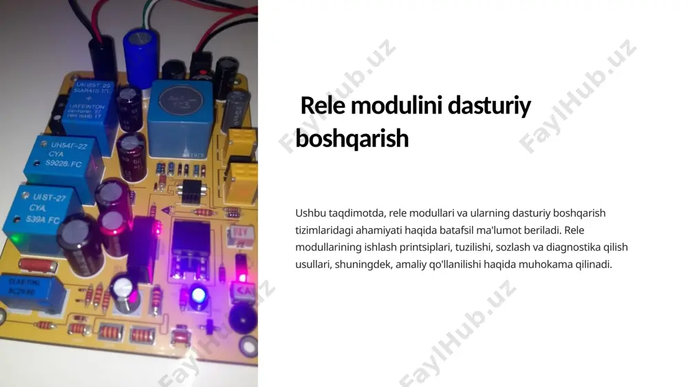 le modullarini sozlashda kontaktlarning ochilish va yopilish vaqtlari, yuk oqimi va boshqa parametrlar aniqlanadi. sinash sinashda rele modullarining ishlashi tekshirilib, kontaktlarning to'g'ri ochilishi va yopilishi, yuk oqimini qabul qilishi va boshqa xususiyatlar tekshiriladi. hujjatlashtirish sozlash va sinash natijalari to'g'ri hujjatlashtirilishi kerak, bu kelajakda nosozliklarni bartaraf etishda yordam beradi. 6 aniqlash va bartaraf etish uchun rele modullarida nosozliklar kontakt nosozligi kontaktlarning ifloslanishi yoki korroziyasi tufayli kontaktlar to'g'ri ochilmaydi yoki yopilmaydi. bobin nosozligi bobinning yonishi yoki qisqa tutashuvi tufayli bobin to'g'ri ishlamaydi. elektr zanjir nosozligi elektr zanjirining qisqa tutashuvi, ochiq zanjir yoki boshqa nosozliklar tufayli rele moduli to'g'ri ishlamaydi. 7 rele modullarini o'rnatish va sozlash bo'yicha rekomendatsiyalar 1 o'rnatish joyini tanlashda elektr xavfsizligi va sovutish imkoniyatlarini hisobga olish kerak. 2 rele modullarini o'rnatishda to'g'ri elektr ulanishlarini amalga oshirish muhimdir. 3 sozlashda kontaktlarning ochilish va yopilish vaqtlari, yuk oqimi va boshqa parametrlar aniqlanadi. 8 rele modullarini texnik xizmat ko'rsatish va diagnostika qilish 1 …