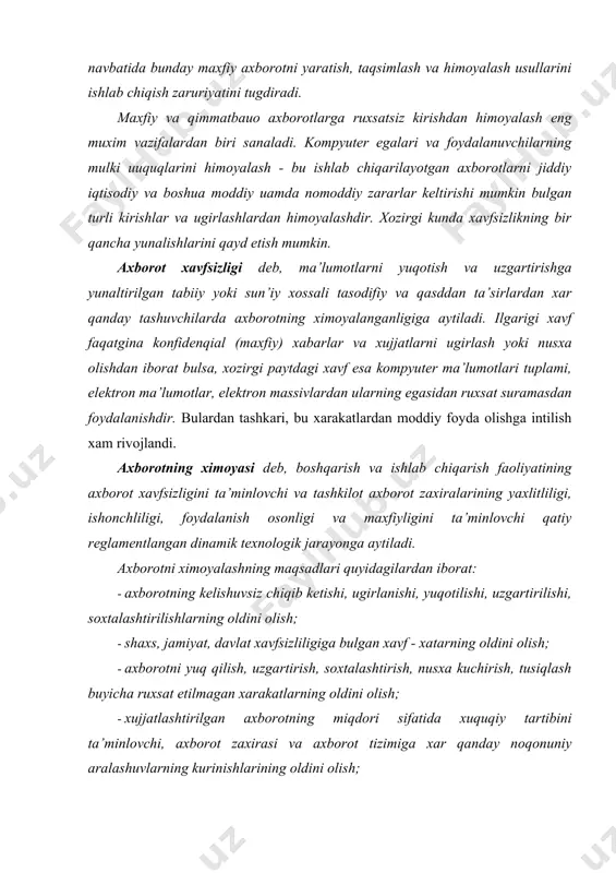 katlarning oldini olish; · xujjatlashtirilgan axborotning miqdori sifatida xuquqiy tartibini ta’minlovchi, axborot zaxirasi va axborot tizimiga xar qanday noqonuniy aralashuvlarning kurinishlarining oldini olish; · axborot tizimida mavjud bulgan shaxsiy ma’lumotlarning shaxsiy maxfiyligini va konfidensialligini saqlovchi fuqarolarning konstitusion xuquqlarini ximoyalash; · davlat sirini, qonunchilikka mos xujjatlashtirilgan axborotning konfidensialligini saqlash; · axborot tizimlari, texnologiyalari va ularni ta’minlovchi vositalarni yaratish, ishlab chiqish va qullashda subyektlarning xuquqlarini ta’minlash. axborot xavfsizligi. axborot xavfsizligining dolzarblashib borishi, axborotning strategik resursga aylanib borishi bilan izoxlash mumkin. zamonaviy davlat infratuzilmasini telekommunikatsiya va axborot tarmoklari xamda turli xildagi axborot tizimlari tashkil etib, axborot texnologiyalari va texnik vositalar jamiyatning turli jabxalarida keng kullanilmokda (iktisod, fan, ta’lim, xarbiy ish, turli texnologiyalarni boshkarish va x.k.) iktisodiy xavfsizlik. milliy iktisodda axborotlarni yaratish, tarkatish, kayta ishlash va foydalanish jarayoni xamda vositalarini kamrab olgan yangi tarmok vujudga keldi. «milliy axborot resursi» tushunchasi yangi iktisodiy kategoriya bulib xizmat kilmokda. davlatning axborot resurslariga keltirilayotgan zarar axborot xavfsizligiga xam …