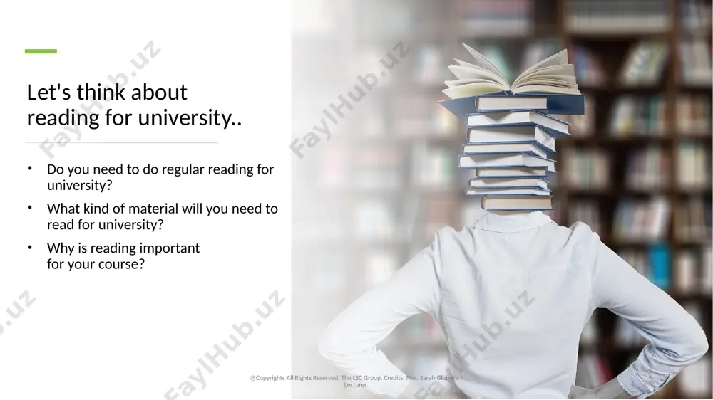 bbons - lecturer there is a large quantity of material there is limited time you need to be strategic to identify relevant information and key words 5.1 detailed reading reading for detailed understanding reading for a full and accurate understanding time consuming and requires effort @copyrights all rights reserved. the lsc group. credits: mrs. sarah gibbons - lecturer 5.2 how to read in detail read every word slowly. think carefully about the information. take notes of the main ideas. @copyrights all rights reserved. the lsc group. credits: mrs. sarah gibbons - lecturer 6. note taking tips @copyrights all rights reserved. the lsc group. credits: mrs. sarah gibbons - lecturer selective be selective – focus on what is relevant to assignments and exams. summarize and paraphrase summarize and paraphrase main ideas and theories and note important details. relevant information include the relevant information of each source - author, title, date, publisher, …