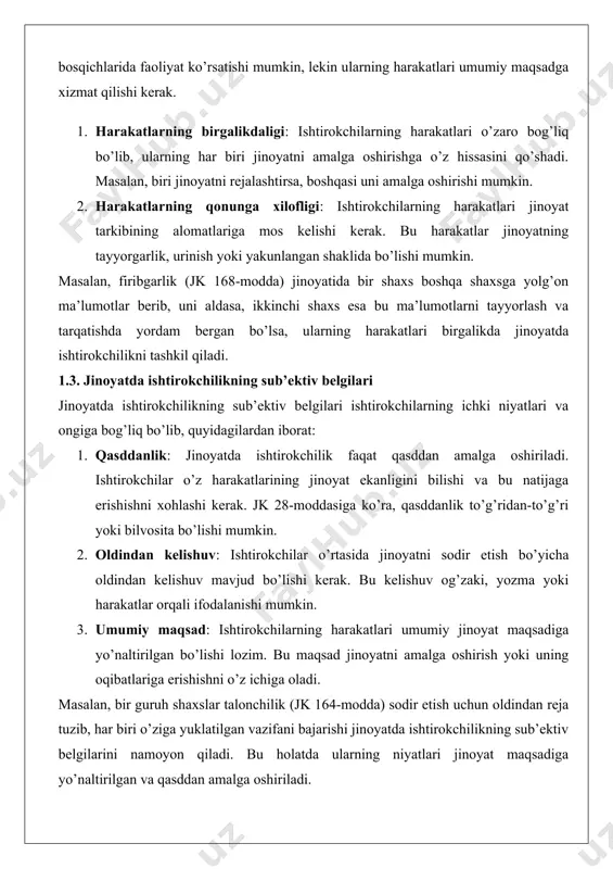 n respublikasi jinoyat kodeksining 29-moddasida jinoyatda ishtirokchilarning turlari va ularning huquqiy mas’uliyati aniq belgilangan. ushbu moddaga ko’ra, jinoyatda ishtirokchilar quyidagi turlarga bo’linadi: ijrochi, tashkilotchi, daldaberguvchi va yordamchi. har bir tur o’ziga xos xususiyatlarga ega bo’lib, ularning huquqiy mas’uliyati jinoyatning og’irligi va ishtirokchining roliga qarab belgilanadi. ijrochi tavsifi: jk 29-moddasining 1-qismiga ko’ra, ijrochi deb jinoyatni bevosita sodir etgan yoki boshqa shaxslar bilan birgalikda jinoyatni amalga oshirgan shaxs hisoblanadi. ijrochi jinoyatning asosiy ijro etuvchisi bo’lib, u jinoyatning ob’ektiv tomonini to’g’ridan-to’g’ri amalga oshiradi. huquqiy mas’uliyati: ijrochi jinoyatning to’liq tarkibiga muvofiq javobgarlikka tortiladi, chunki u jinoyatni bevosita amalga oshiradi. masalan, qotillik (jk 97-modda) jinoyatida qotilni o’ldirgan shaxs ijrochi sifatida javobgarlikka tortiladi.bir shaxs boshqa shaxsning mulkini talon-taroj qilish maqsadida uyga kirib, o’g’rilik (jk 169-modda) sodir etsa, u ijrochi hisoblanadi. agar u boshqa shaxslar bilan birgalikda harakat qilgan bo’lsa, barchasi birgalikda ijrochi sifatida tan olinadi. tashkilotchi tavsifi: jk 29-moddasining 2-qismiga ko’ra, tashkilotchi deb jinoyatni tashkil etgan, …
