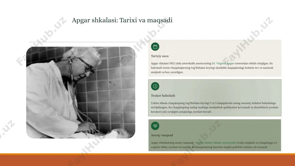 , tutilish, mushak tonusining pasayishi) kabi qo‘shimcha omillarni ham hisobga olishadi. tezkor vosita apgar shkalasi chaqaloqning holatini baholash uchun tezkor va oddiy vositadir, ammo u uzoq muddatli prognozni aniqlay olmaydi. masalan, past apgar balliga ega bo‘lgan ko‘plab chaqaloqlar hech qanday asoratlarsiz to‘liq tiklanishadi. 8 apgar shkalasining cheklovlari va noto‘g‘ri talqinlari subyektivlik apgar shkalasini baholashda ba'zi elementlar subyektiv bo‘lishi mumkin. masalan, chaqaloqning teri rangini baholash yoki mushak tonusini aniqlash turli tibbiyot xodimlari tomonidan biroz farqli talqin qilinishi mumkin, bu esa ballar orasida nomuvofiqlik keltirib chiqaradi. sog‘lom chaqaloqlarda past ball ba'zi chaqaloqlar, ayniqsa erta tug‘ilganlar (prematur), dorilar ta'sirida bo‘lganlar yoki tug‘ilishda yengil travma olganlar, sog‘lom bo‘lishlariga qaramay past apgar balli olishlari mumkin. bu ball har doim ham jiddiy muammoni anglatmaydi. resusitatsiyadan oldin apgar shkalasi chaqaloqning holatini baholash uchun mo‘ljallangan bo‘lsa-da, resusitatsiya (jonlantirish) zarurati bu ball olinishidan oldin aniqlanishi kerak. agar chaqaloq nafas olmayotgan bo‘lsa, shoshilinch ravishda reanimatsiya choralari ko‘riladi va apgar balli …