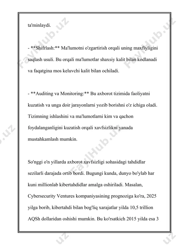 ma'lumotlarni shifrlash usullari ma'lumotlarni shifrlash (kryptografiya) usullari zamonaviy texnologiyalar sohasida muhim ahamiyatga ega va turli xil maqsadlar uchun ishlatiladi, jumladan, ma'lumotlarning maxfiyligini, yaxlitligini va autentifikatsiyasini ta'minlash. quyida ma'lumotlarni shifrlashning ba'zi mashhur usullari haqida batafsil ma'lumot beriladi: 1. **simmetrik kalit shifrlashi**: bu usulda bir xil kalit ma'lumotlarni shifrlash va deshifrlash uchun ishlatiladi. simmetrik kalit algoritmlarining misollariga aes (advanced encryption standard), des (data encryption standard), va triple des kiradi. aes eng mashhur hisoblanib, turli uzunlikdagi kalitlar bilan ishlaydi: 128-bit, 192-bit, va 256-bit. 2. **asimmetrik kalit shifrlashi**: asimmetrik shifrlashda ikkita turli kalit ishlatiladi: ochiq kalit va yopiq kalit. bu ikki kalit matematik aloqada bo'lsa-da, biri ikkinchisini oshkor qilmaydi. rsa (rivest-shamir-adleman) algoritmi eng keng tarqalgan asimmetrik shifrlash usullaridan biridir. ushbu usulda uzun kalitlar ishlatiladi, masalan, 2048-bitli kalitlar, bu xavfsizlikni oshiradi. 3. **hmac va mac (message authentication code)**: bu usullar ma'lumotlar yaxlitligi va autentifikatsiyasini ta'minlash uchun ishlatiladi. hmac (hash-based message authentication code) hash funktsiyalariga asoslanadi …