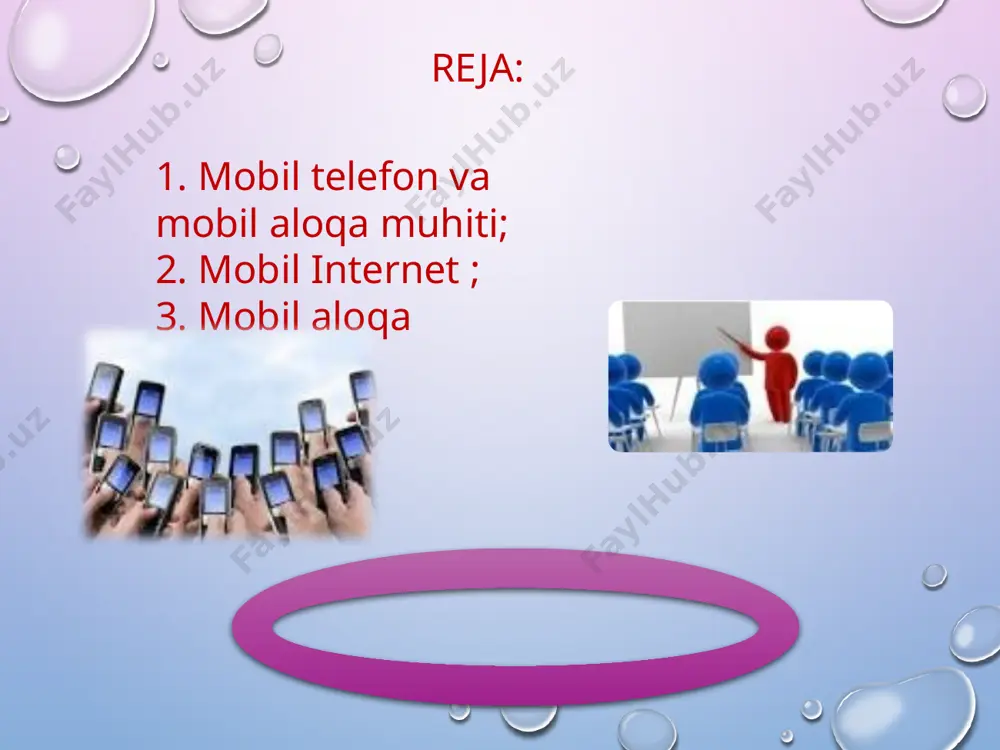 uzib ulagichga (kommutator) yuborilib ikkita abonent bog‘lanadi va ushbu abonentlar orasida so‘zlashuv (ma’lumot almashinish) amalga oshiriladi. ya’ni ikkita harakatlanuvchi abonentning mobil telefonlar orqali o‘zaro muloqoti - so‘zlashuvdir. mobil internet – harakatdagi abonentlar uchun mobil aloqa tarmoqlari orqali internet resurslaridan foydalanish texnologiyasi. mobil aloqa tarmoqlarida so‘rovlar va so‘zlashish ma’lumotlari axborotlarning paketli ko‘rinishida uzatiladi. bunda yuqori darajali xizmatni amalga oshirish, ayniqsa biznesni samarali boshqarish imkoniyati yaratiladi. 8 mobil internetning qulayligi shundan iboratki, bunda foydalanuvchining qaerda va qanday holatda bo‘lishidan qat’iy nazar u mobil aloqa atrmog‘i orqali internet xizmatlaridan foydalanishi imkoniyatiga ega bo‘ladi. mobil internet xizmatidan foydalanish uchun maxsus simsiz modem qurilmasi yoki ushbu xizmat yoqtirilgan mobil telefon bo‘lishi kerak. mobil pochta -internet resurslaridan foydalangan holda abonentning mobil telefoni orqali shaxsiy elektron pochta xizmatidan foydalanish imkoniyati. bunda internet tarmog‘i yordamida oddiy elektron pochta xizmatidan foydalish kabi mobil telefonlar yoki boshqa mobil aloqa vositalari orqali ixtiyoriy vaqtda ixtiyoriy joyda elektron pochta xizmatidan foydalanish, ya’ni …