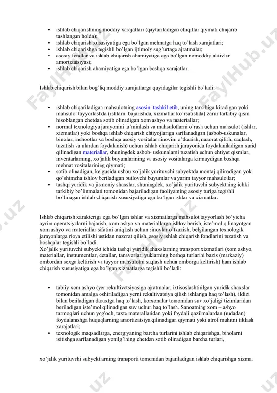 an bog’liq bo’lgan, ishlab chiqarish texnologiyasi va uni tashkil etish bilan shartlangan xarajatlar kiritiladi. ularga quyidagilar tegishli bo’ladi: bevosita va bilvosita moddiy xarajatlar, bevosita va bilvosita mehnat xarajatlari, boshqa bevosita va bilvosita xarajatlar, shu jumladan, ishlab chiqarish xususiyatiga ega bo’lgan ustama xarajatlar. mahsulot (ishlar, xizmatlar)ning ishlab chiqarish tannarxini hosil qiluvchi xarajatlar ularning iqtisodiy mazmuniga ko’ra quyidagi elementlar bilan guruhlarga ajratiladi: · ishlab chiqarishning moddiy xarajatlari (qaytariladigan chiqitlar qiymati chiqarib tashlangan holda); · ishlab chiqarish xususiyatiga ega bo’lgan mehnatga haq to’lash xarajatlari; · ishlab chiqarishga tegishli bo’lgan ijtimoiy sug’urtaga ajratmalar; · asosiy fondlar va ishlab chiqarish ahamiyatiga ega bo’lgan nomoddiy aktivlar amortizatsiyasi; · ishlab chiqarish ahamiyatiga ega bo’lgan boshqa xarajatlar. ishlab chiqarish bilan bog’liq moddiy xarajatlarga quyidagilar tegishli bo’ladi: · ishlab chiqariladigan mahsulotning asosini tashkil etib, uning tarkibiga kiradigan yoki mahsulot tayyorlashda (ishlarni bajarishda, xizmatlar ko’rsatishda) zarur tarkibiy qism hisoblangan chetdan sotib olinadigan xom ashyo va materiallar; · normal texnologiya jarayonini …