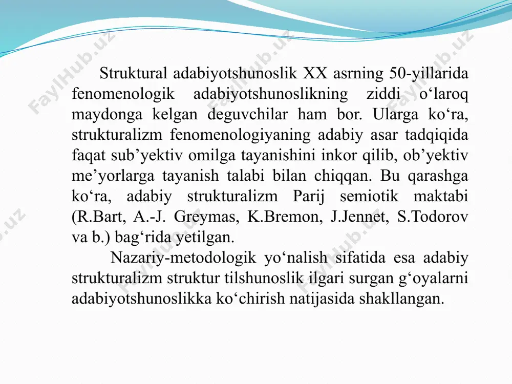 i, shu bois tadqiqotchi uni paradigmatik yo‘sinda o‘qishga, xronologik tartibdan chekinib, o‘xshash rivoyaviy bo‘laklarni qiyoslashga harakat qiladi. u avvalo mifdagi epizod mohiyatini anglatuvchi jumlalar – mifemalarni ajratadi (ular jadvalda aks etgan). levi stross mifemalarni kartochkalarga yozadi-da, ularni o‘zaro sintagmatik munosabatlari saqlangan va ayni choqda paradigmatik aloqalari ko‘rinadigan tarzda joylashtiradi: o‘xshash mifemali kartochkalar ustma-ust joylashadi va shu tariqa to‘rt ustunli jadval shakllanadi. қадм зевс ўғирлаган синглиси европани қидиради қадм аждарни ўлдиради спарталиклар биродаркушлик урушида бир-бирини ўлдирадилар лабдак (лайнинг отаси) = чўлоқ (?) эдип ўз отаси лайни ўлдиради лай (эдипнинг отаси) = чапақай (?) эдип сфинксни ўлдиради эдип = семизоёқ (?) эдип онасига уйланади этеокл акаси полиникни ўлдиради антигона тақиқни бузиб полиникни дафн қилади levi stross mifemalaridagi mazmuniy umumiylikni bir ustunga joylash asosi o‘laroq ta’riflaydi. unga ko‘ra, bunday asos: 1-ustunda “qarindoshlik aloqalari gipertrofiyasi”; 2-ustunda “qarindoshlik aloqalarini qadrlamaslik” 3-ustunda “insonning avtoxtonligini inkor qilish” 4-ustunda “insonning avtoxtonligini tasdiqlash” ma’nosi (mazmuni)dir. ular orasidagi munosabat: 1 …