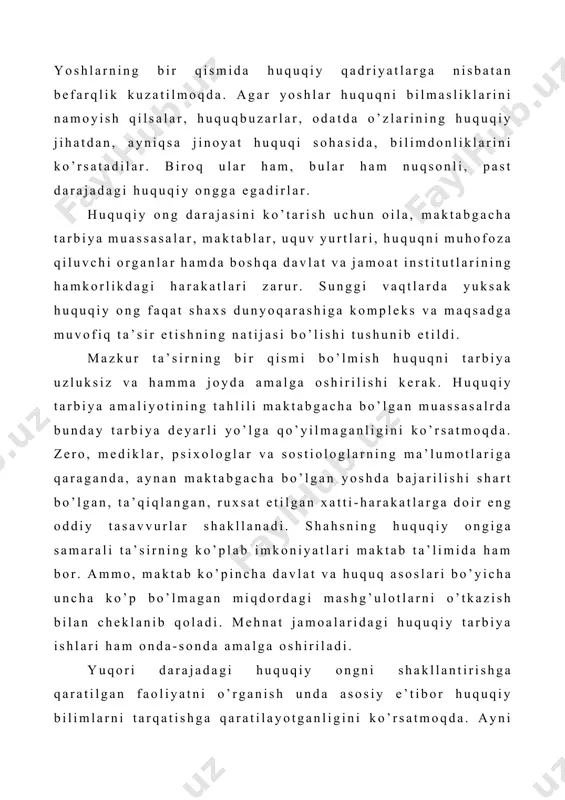 motlariga qaraganda, aynan maktabgacha bo’lgan yoshda bajarilishi shart bo’lgan, ta’qiqlangan, ruxsat etilgan xatti-harakatlarga doir eng oddiy tasavvurlar shakllanadi. shahsning huquqiy ongiga samarali ta’sirning ko’plab imkoniyatlari maktab ta’limida ham bor. ammo, maktab ko’pincha davlat va huquq asoslari bo’yicha uncha ko’p bo’lmagan miqdordagi mashg’ulotlarni o’tkazish bilan cheklanib qoladi. mehnat jamoalaridagi huquqiy tarbiya ishlari ham onda-sonda amalga oshiriladi. yuqori darajadagi huquqiy ongni shakllantirishga qaratilgan faoliyatni o’rganish unda asosiy e’tibor huquqiy bilimlarni tarqatishga qaratilayotganligini ko’rsatmoqda. ayni paytda huquqiy tarbiyaning qonunga itoatkor qonuniy xatti-harakatni shakllantirishdan iborat muhim maqsadli chetda qolmoqda. buning ustiga bugungi sharoitda qonunga itoatkorlikning o’zi ham huquqiy tarbiyani aniq maqsadi bo’la olmaydi. huquqiy ongni tuzilishi. ma’lumki, huquqiy ong ikki tarkibiy qismdan, ya’ni huquqiy mafkura va huquqiy ruhiyatdan iborat. huquqiy mafkura huquqning mohiyati, ahamiyati va talablari to’g’risidagi g’oyalar, qadriyatlarni o’z ichiga olsa, huquqiy ruhiyat hissiyotlar, kayfiyatlar, kechinmalar, ya’ni huquqning emostional qabul qilinishi bilan bog’liq. ijtimoiy huquqiy ongdagi usybu ikki tarkibiy qicimning holatini tahlil qilib, …