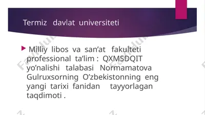 normamatova gulruxsornings o‘zbekiston tarixi fanidan taqdimoti — PPTX