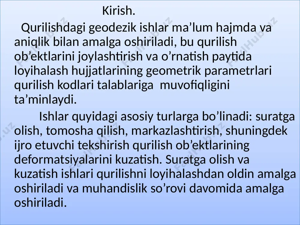 azlashtirish ishlarini ishlab chiqarishda ko’zda tutilgan bo’lsa boshlang’ich va o’rnatish gorizontlarida binolarning ichki markaziy tarmog’ini va texnologik usullarini o’rnatish uchun markazlashtirilgan tarmoqni yaratish. 4. binolar va geometrik parametrlarning to’g’riligini va geodezik nazorat va bajarilgan geodezik hujjatlarni tayyorlash bilan tugagan ob’ektlarni yoki ularning alohida qismlarini tekshirish. 5. poydevorlar, binolar va ularning qismlarning deformatsiyalarini geodezik o’lchovlari, agar bu loyihalash hujjatlarda nazarda tutilgan bo’lsa, dala nazorti yoki davlat nazorati organlari tomonidan belgilanadi . qurilish maydonchasida geodezik ishlarni boshlashdan oldin qurilish ishlarida ishlatiladigan ishchi chizmalar o’lchamlarining koordinatalarining va balandliklarning o’zaro muofiqligi nuqtai nazaridan tekshirilishi kerak va buyurtmachining texnik nazorati tomonidan bajarilishiga ruxsat beriladi. geodiziya ishlari kerakli aniqlik o’lchov asboblari yordamida bajarilishi kerak. nazorat asboblari belgilangan tartibda sozlanishi, ish boshlashdan oldin muntazam tekshirilib turishi kerak. geodizeya ishlari loyiha-smeta hujjatlarida nazarda tutilgan hududni tozalashdan, uni buziladigan tuzilmalardan ozod qilishdan va vertikal rejalashtirishdan so’ng amalga oshiriladi. qurilish bosqichida geodezik ishlarga texnik ishlar ko’rsatishni yirik geografik xizmat boshliq …