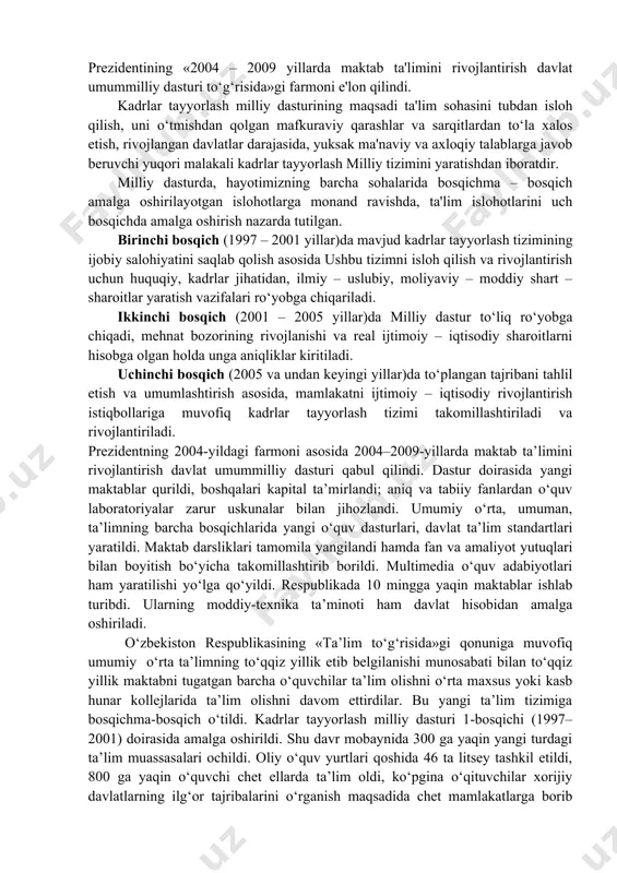 ab chiqildi va h.k . 2 bosqichda-2001-2005 yillarda milliy dasturni to`liq amalga oshirish ko`zda tutilmoqda. 3 bosqichda - 2005 yilda undan keyingi yillarda to`plangan tajribalar asosida ta‘lim tizimini yanada takomillashtirish va rivojlantirish ko`zda tutilgan edi. yosh avlodni tarbiyalash masalasi ustivor yo`nalish sifatida davlat siyosati darajasiga ko`tarilib, davlatimiz ichki iqtisodiy imkoniyatlardan kelib chiqqan holda uni dastavval moddiy jihatdan qo`llab quvvatlash maqsadida tadbirlar ishlab chiqildi. ta‘lim tizimiga qilinayotgan sarf-harajatlar darajasi bo`yicha o`zbekiston jahonning yetuk mamlakatlariga yaqinlashib bormoqda. davlat tomonidan 1998 yilda ta‘lim sohasiga yalpi ichki mahsulotning 7,8 foizi miqdorida mablag’ ajratilgan bo`lsa, 1999 yilda-8,1 foiz mablag’ sarflandi. bu esa faqatgina ikki yil mobaynida turli viloyatlarda 250 ta yangi tizimdagi akademik litsey va kasb-xunar kollejlarini tashkil etishga imkon berdi. xususan qashqadaryoda ham 1 ta akademik litsey va 9 ta kasb-xunar kolleji barpo etildi. yoshlar hayoti bilan bog’liq muammolarga ham alohida e‘tibor berilmoqda. ularning intellektual salohiyatini oshirish, ma‘naviy jihatdan qo`llab-quvvatlash, ijtimoiy ximoyalar, iste‘dodli va …