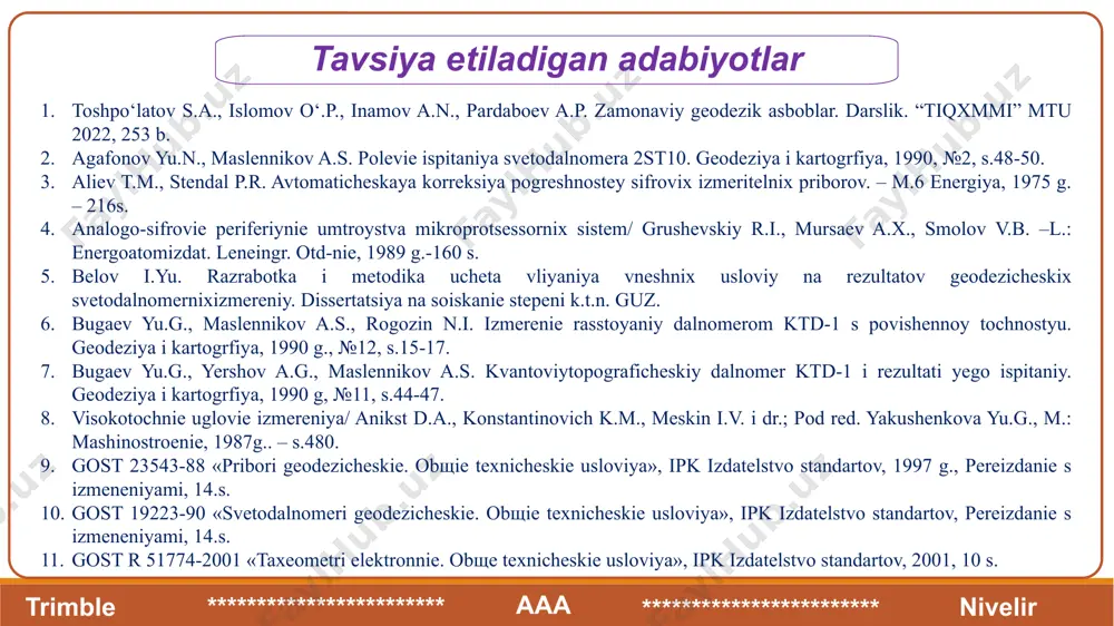 bo`lgan ma`lumotlar credo dat dasturiga yuklab olingach nuqtalar fazoviy joylashadi berilgan bo`yruqlar asosida nuqtalar birlashib profil hosil bo`ladi. loyiha chiziqlarini, yer baladligi bilan loyiha balandligi orasidagi hajm ishlarini aniqlash imkonini beradi. relefning raqamli modeli va uning elementlari 2. nivelir trimble aaa ************************ ************************ shunday qilib, dem uchastkaning butun yuzasi, bir yoki bir necha mikrosxemalar shaklida bo'ladi. bu sizga gorizontal chegaralari o`zgartirish yoki kesik, siniq shakllarini ajratish imkonini beradi. nivelir trimble aaa ************************ ************************ nivelir trimble aaa ************************ ************************ maydonli qatlam k1 maydon bo`linganda k2 nivelir trimble aaa ************************ ************************ maydon bo`linganda k2 maydonlar kesishganda k1 nivelir trimble aaa ************************ ************************ maydonlar kesishganda k1 va k2 vaziyatdan kelib chiqib (cms) raqamli model turli topografik ma'lumotlarni ko'rsatadi: rejasi, ramz majmui shartli belgilari vaziyat elementlari sistemasi? nivelir trimble aaa ************************ ************************ joyning raqamli modeli relefli modeli nivelir trimble aaa ************************ ************************ yo'l chetidagi zararli moddalarni tarqalishining raqamli modeli chiziqli inshootlarni loyihalash chiziqli inshoot …