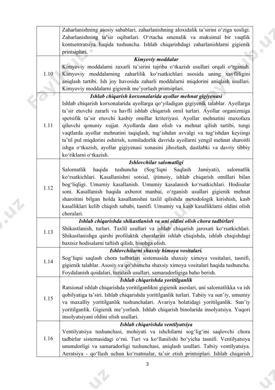 hiqarishda ularni qo‘llanilishi. chang ta’sirida kelib chiqadigan kasb kasalliklari. changning spetsifik va nospetsifik ta’siri. ishlab chiqarish sharoitida changga qarshi kurash usullari har xil turdagi changlarga ruxsat etilgan me’yorlarni reglamentlovchi printsiplar. changga qarshi qo‘llaniladigan shahsiy himoya vositalari. changga qarshi profilaktik chora tadbirlar. 1.6 ishlab chiqarishda shovqin shovqinning gigienik va ijtimoiy muamolari. shovqinning fizikaviy tasnifi. asosiy shovqin manbalari, baholash usulllari. shovqinni organizmga spetsifik va nospetsifik ta’siri. shovqin kasallligi. shovqin ta’sirida kelib chiqadigan kasb kasalligi. shovqinga qarshi qo‘llaniladigan shaxsiy himoya vositalari. ishlab chiqarishda shovqinni gigiyenik reglamemtlash prinsiplari: me’yoriy daraja, me’yoriy xujjat. profilaktik chora tadbirlar. 1.7 ishlab chiqarishda shovqin va tebranish tebranish - gigiyenik muammo sifatida. ishlab chiqarishdagi tebranish manbalari. tebranishni gigiyenik tavsifi. tebranishni organizmga ta’siri. patologik o‘zgarishlarni keltirib chiqaruvchi ishlab chiqarish omillari. vibratsion kasallik. tebranishni gigiyenik me’yorlash prinsiplari: ruxsat etilgan me’yoryi darajasi, me’yoriy hujjat. tibbiy profilaktik chora tadbirlar. tebranishga qarshi qo‘llaniladigan shaxsiy himoya vositalar. mehnat va dam olish tartibi. 1.8 pestitsidlarni qo‘llanishida mehnat …